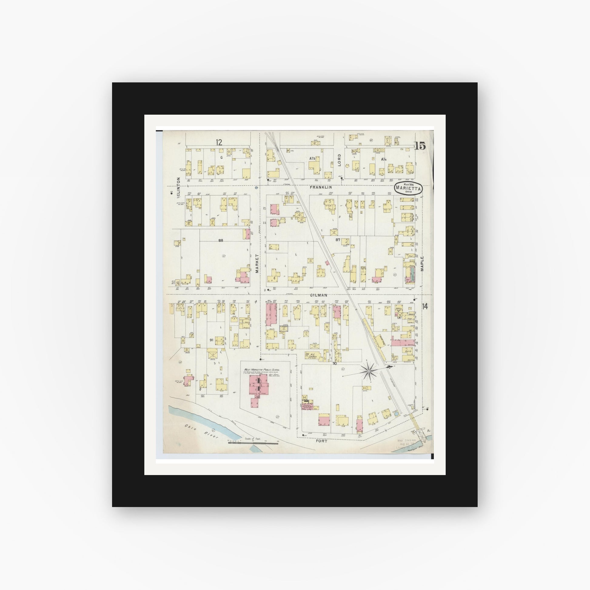 Old map wall art mockup — black gallery frame with white mat — Sanborn Fire Insurance Map from Marietta, Washington County, Ohio (1896), Sheet #0015