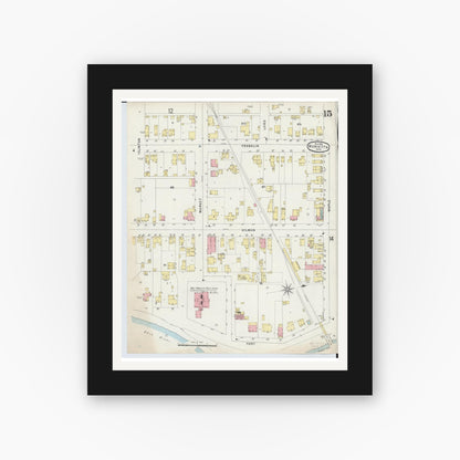 Old map wall art mockup — black gallery frame with white mat — Sanborn Fire Insurance Map from Marietta, Washington County, Ohio (1896), Sheet #0015