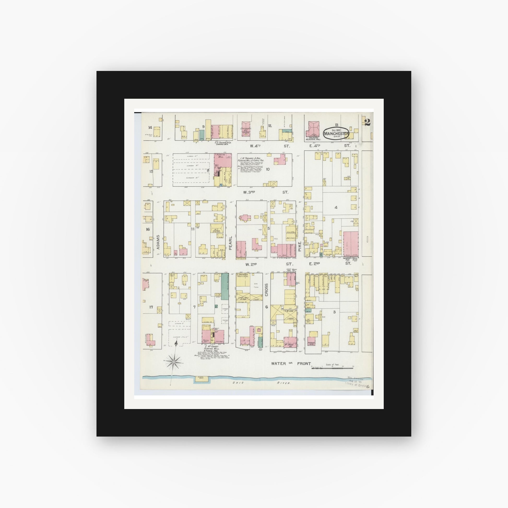 Old map wall art mockup — black gallery frame with white mat — Sanborn Fire Insurance Map from Manchester, Adams County, Ohio (1892), Sheet #0002