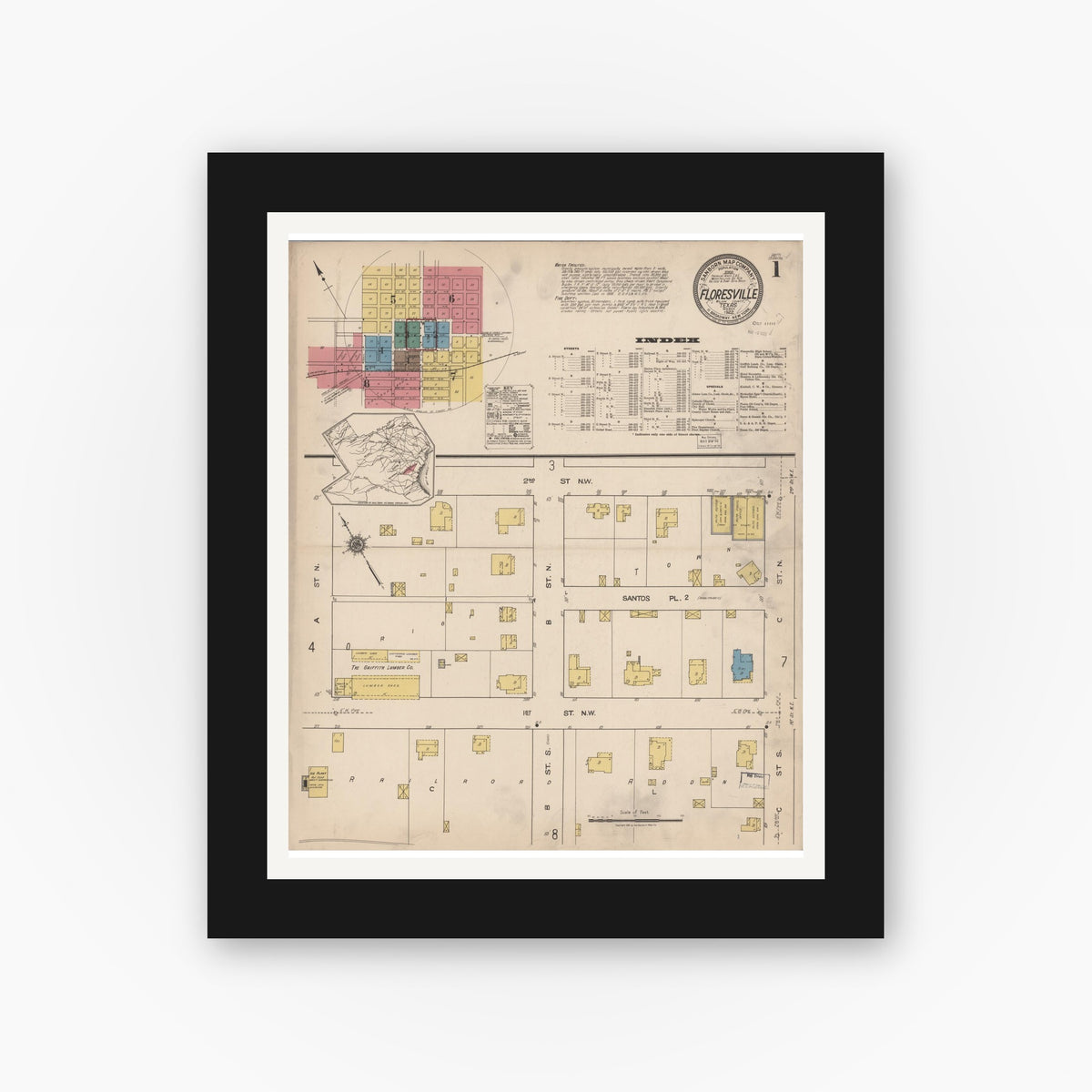 Old map wall art mockup — black gallery frame with white mat — Sanborn Fire Insurance Map from Floresville, Wilson County, Texas (1922) - Complete Map Set