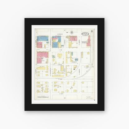 Old map wall art mockup — black gallery frame with white mat — Sanborn Fire Insurance Map from Mineral Wells, Palo Pinto County, Texas (1907), Sheet #0003