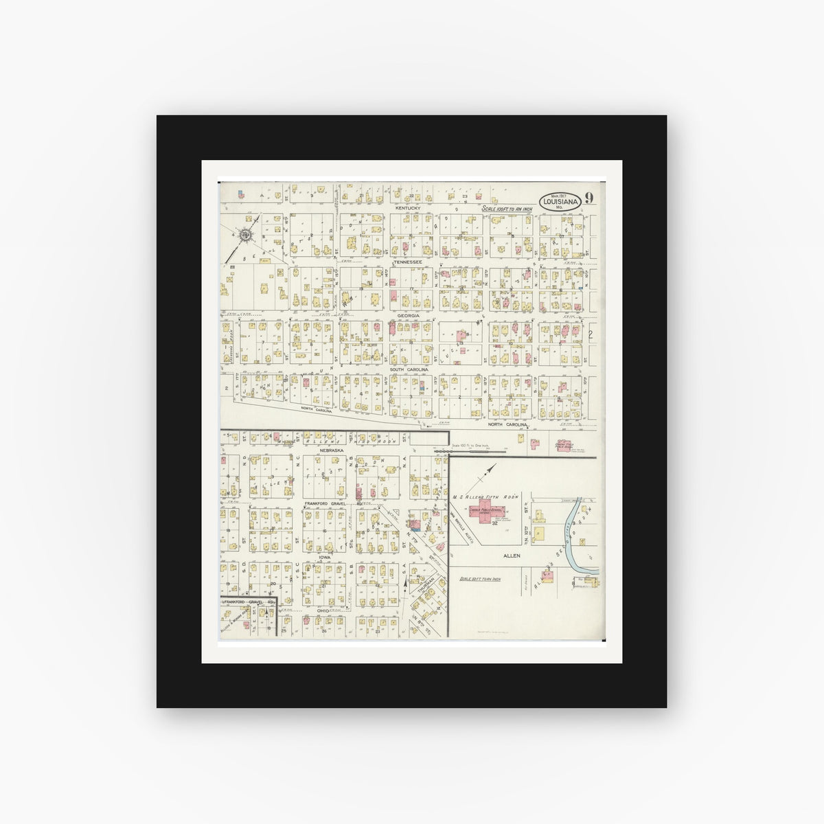 Old map wall art mockup — black gallery frame with white mat — Sanborn Fire Insurance Map from Louisiana, Pike County, Missouri (1917), Sheet #0009