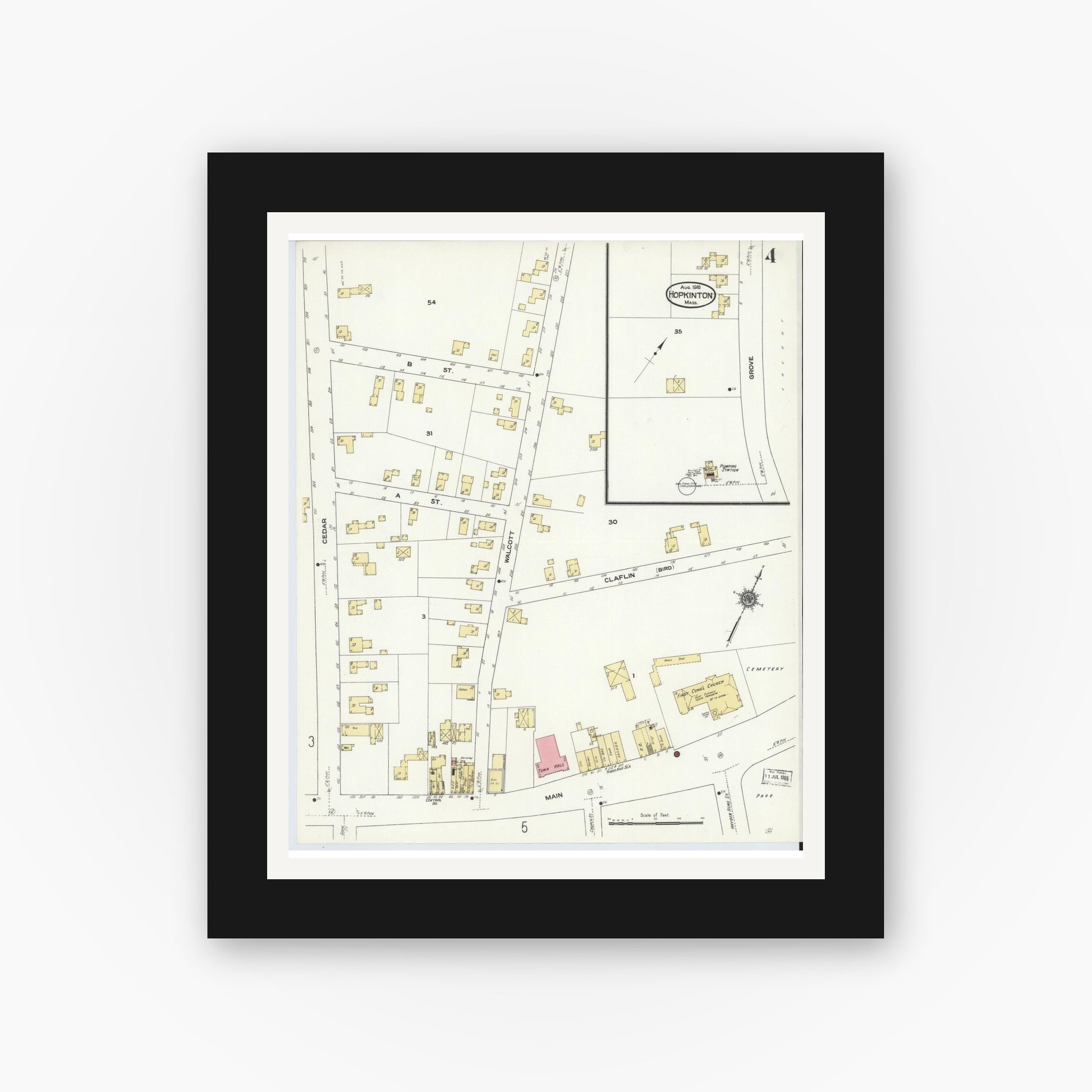 Old map wall art mockup — black gallery frame with white mat — Sanborn Fire Insurance Map from Hopkinton, Middlesex County, Massachusetts (1910), Sheet #0004