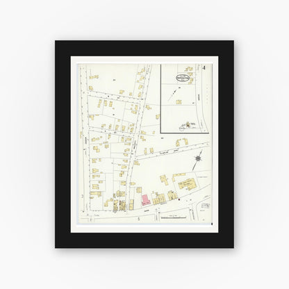 Old map wall art mockup — black gallery frame with white mat — Sanborn Fire Insurance Map from Hopkinton, Middlesex County, Massachusetts (1910), Sheet #0004