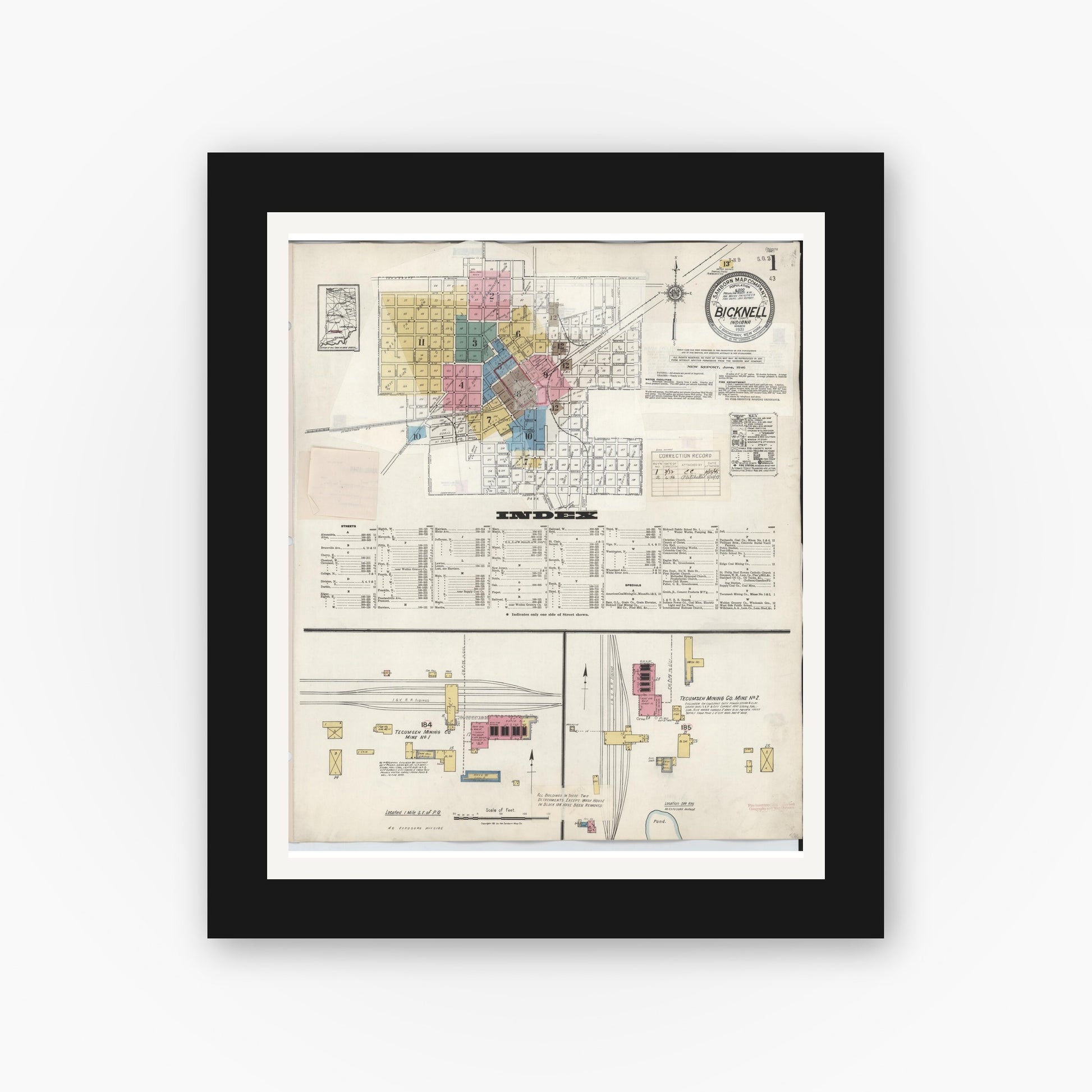 Old map wall art mockup — black gallery frame with white mat — Sanborn Fire Insurance Map from Bicknell, Knox County, Indiana (1946) - Complete Map Set
