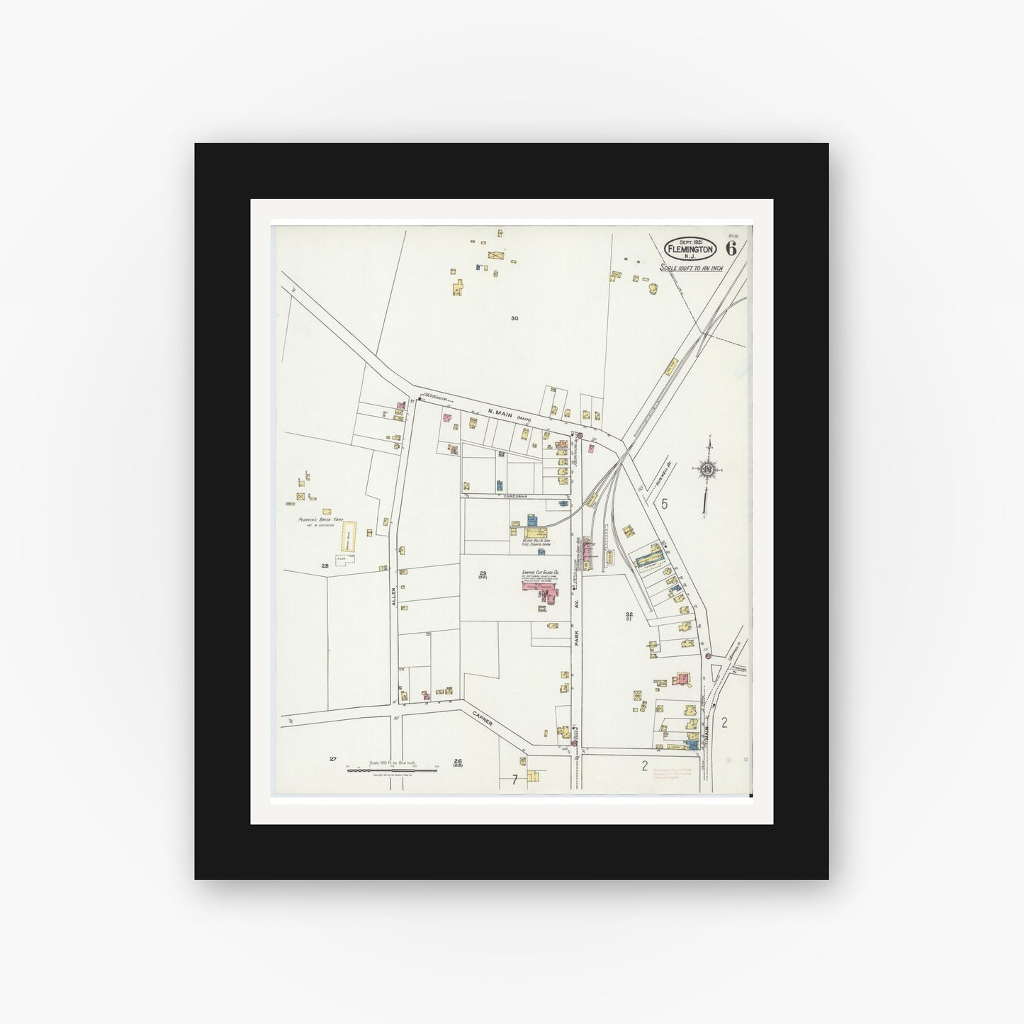 Old map wall art mockup — black gallery frame with white mat — Sanborn Fire Insurance Map from Flemington, Hunterdon County, New Jersey (1921), Sheet #0006