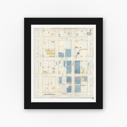 Old map wall art mockup — black gallery frame with white mat — Sanborn Fire Insurance Map from Miles, Runnels County, Texas (1936), Sheet #0002