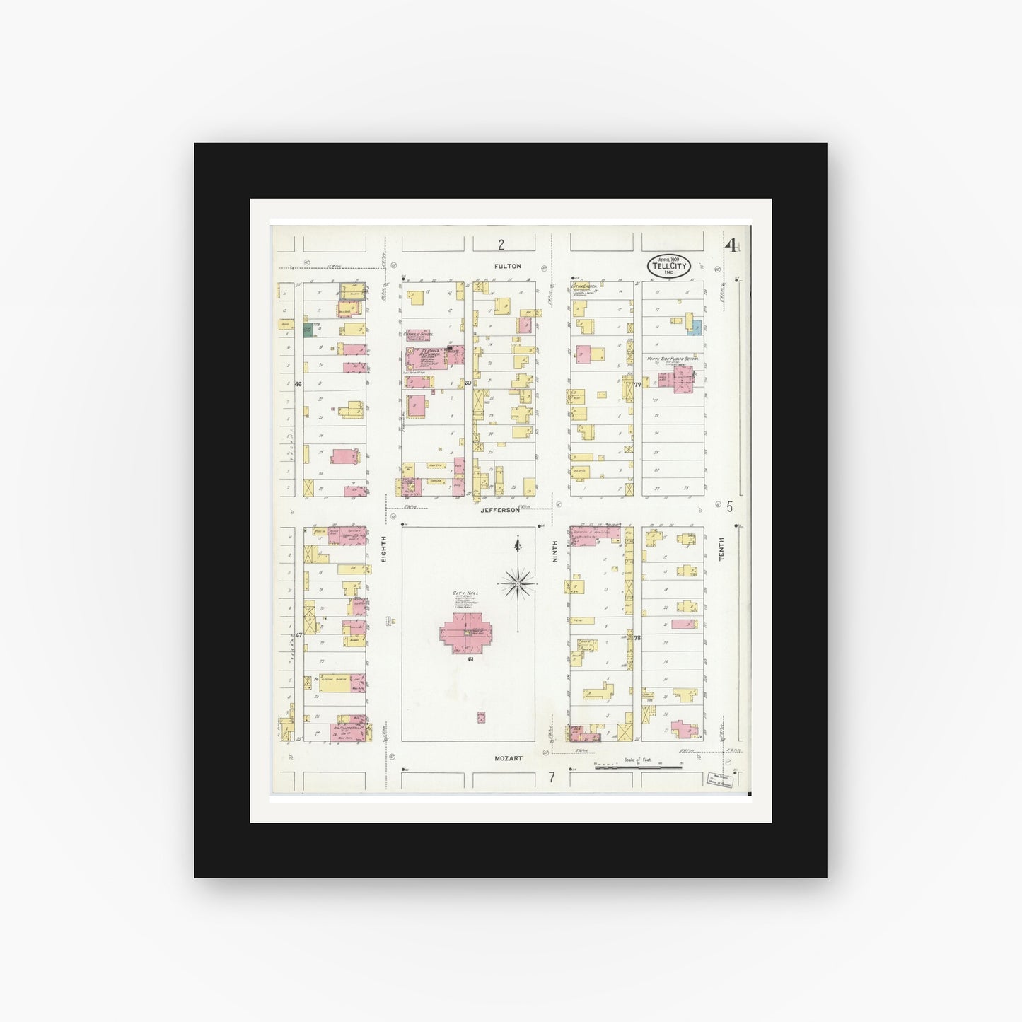 Old map wall art mockup — black gallery frame with white mat — Sanborn Fire Insurance Map from Tell City, Perry County, Indiana (1909), Sheet #0004