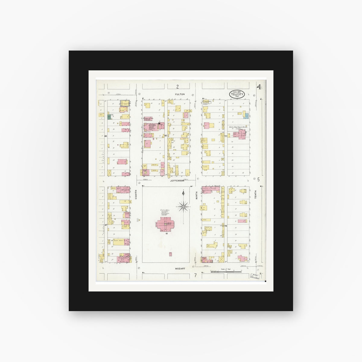Old map wall art mockup — black gallery frame with white mat — Sanborn Fire Insurance Map from Tell City, Perry County, Indiana (1909), Sheet #0004
