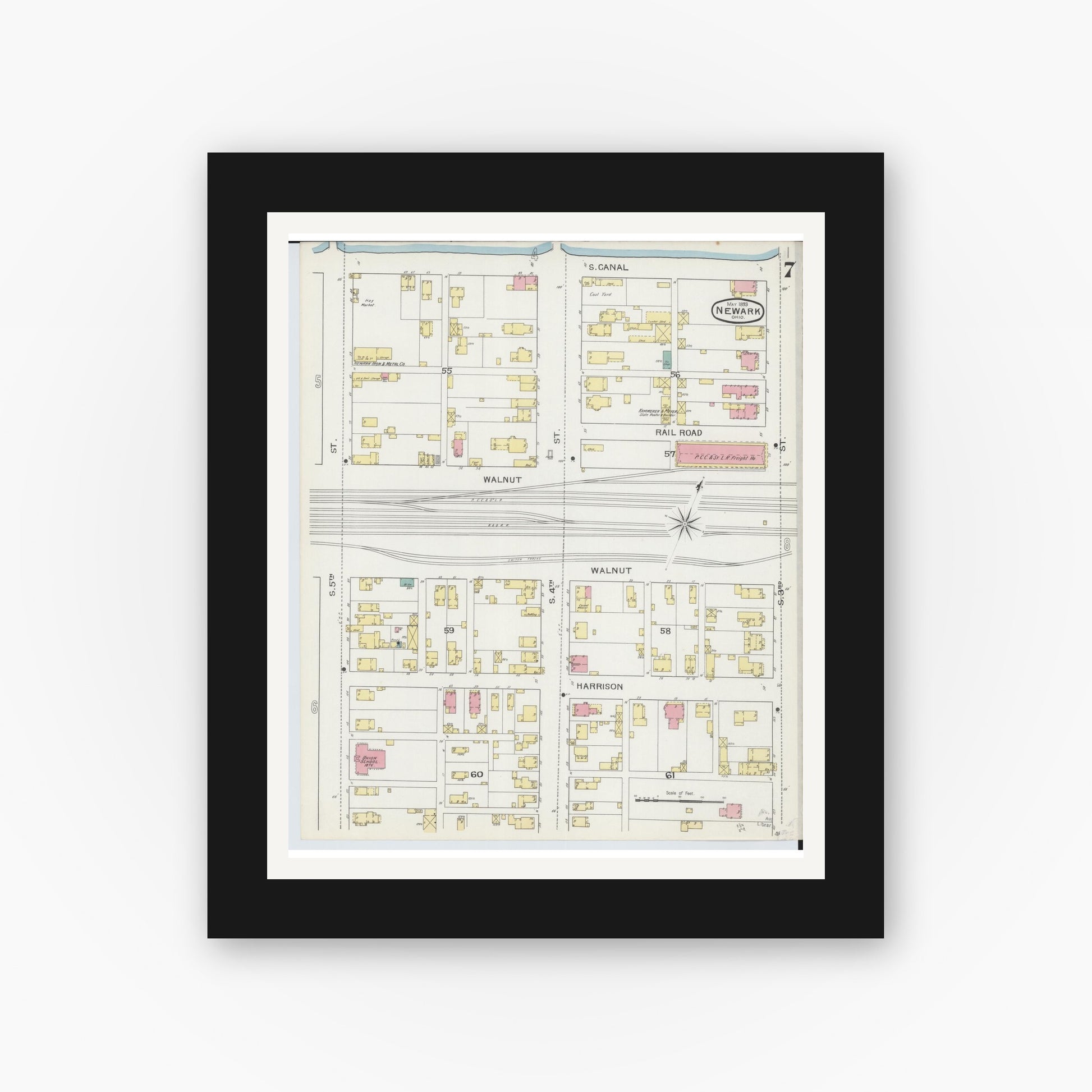 Old map wall art mockup — black gallery frame with white mat — Sanborn Fire Insurance Map from Newark, Licking County, Ohio (1893), Sheet #0007