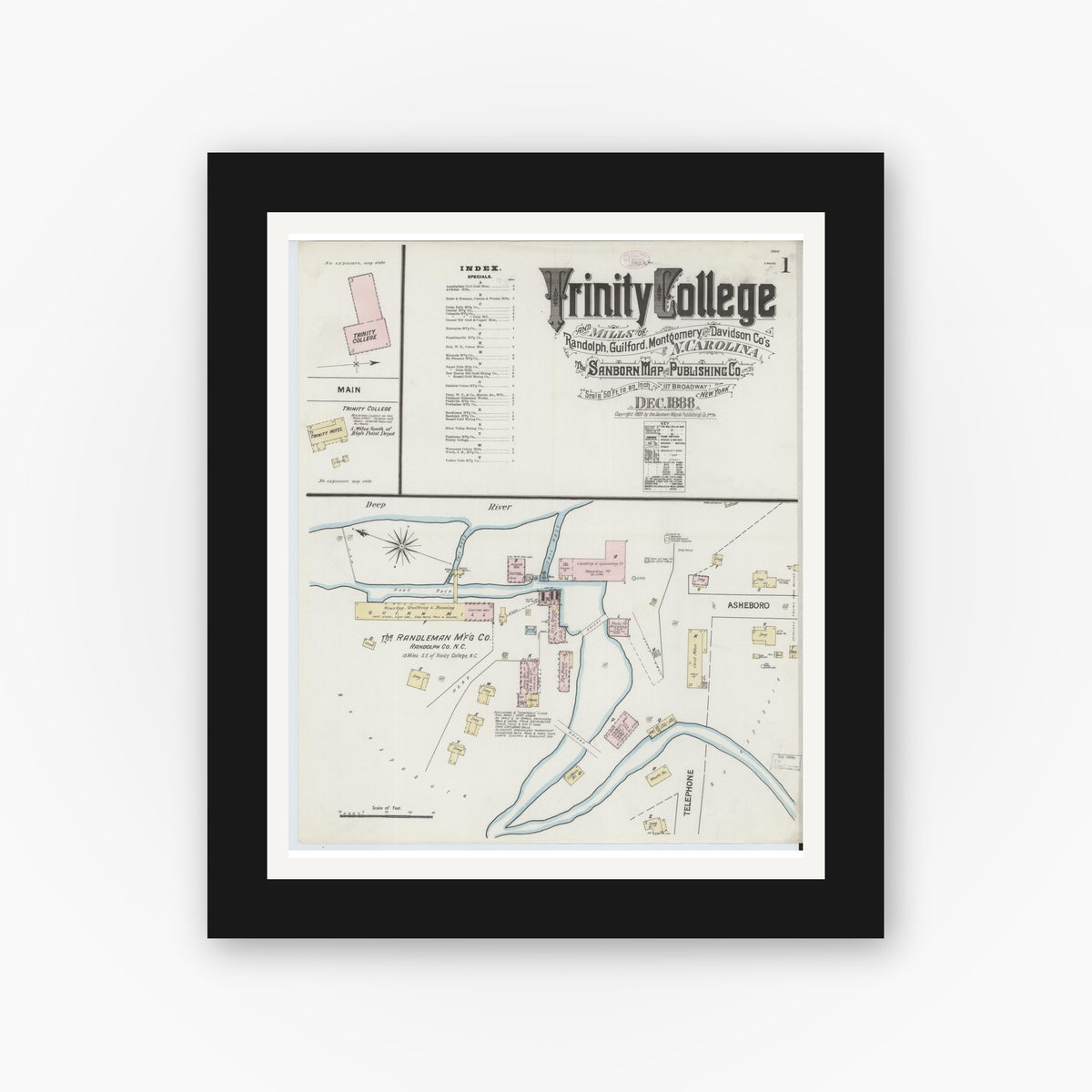 Old map wall art mockup — black gallery frame with white mat — Sanborn Fire Insurance Map from Trinity College, Randolph County, North Carolina (1888) - Complete Map Set