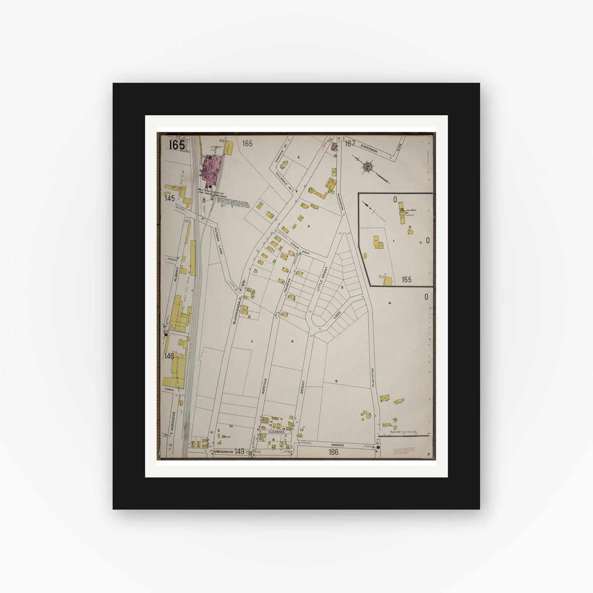 Old map wall art mockup — black gallery frame with white mat — Sanborn Fire Insurance Map from Worcester, Worcester County, Massachusetts (1910), Sheet #0165