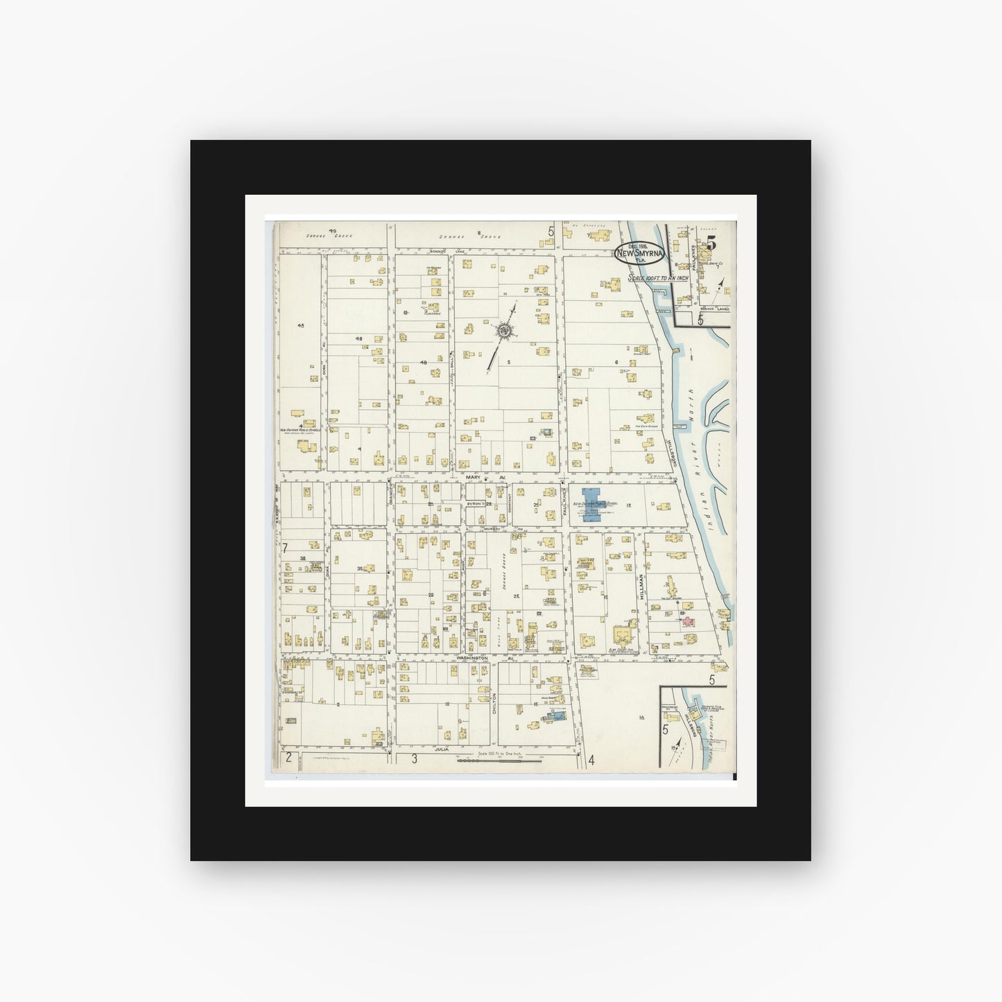 Old map wall art mockup — black gallery frame with white mat — Sanborn Fire Insurance Map from New Smyrna, Valusia County, Florida (1916), Sheet #0005