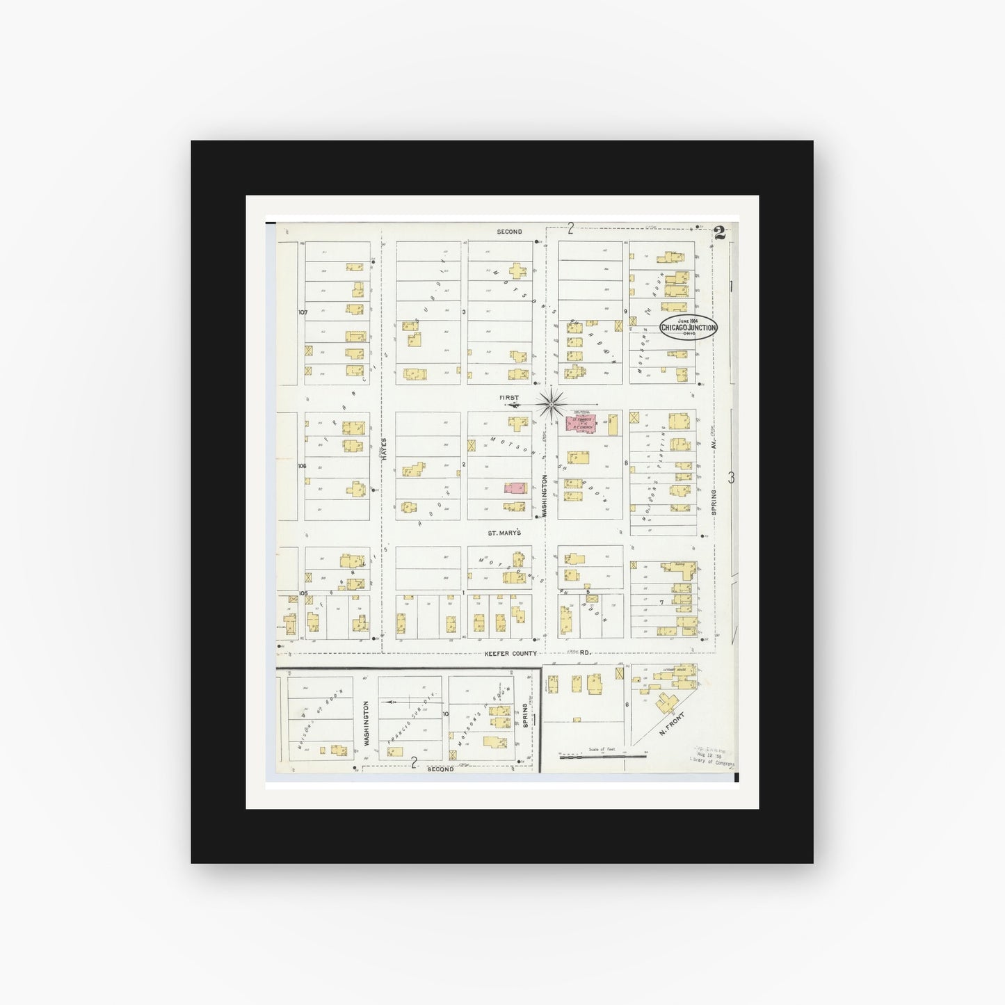 Old map wall art mockup — black gallery frame with white mat — Sanborn Fire Insurance Map from Chicago Junction, Huron County, Ohio (1904), Sheet #0002
