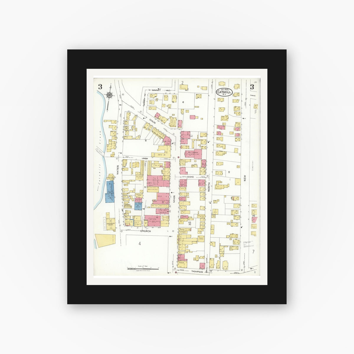 Old map wall art mockup — black gallery frame with white mat — Sanborn Fire Insurance Map from Catskill, Greene County, New York (1923), Sheet #0003