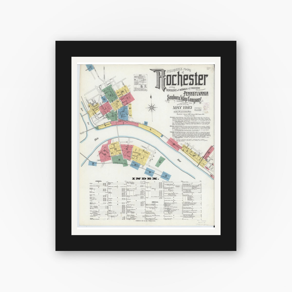 Old map wall art mockup — black gallery frame with white mat — Sanborn Fire Insurance Map from Rochester, Beaver County, Pennsylvania (1903) - Complete Map Set