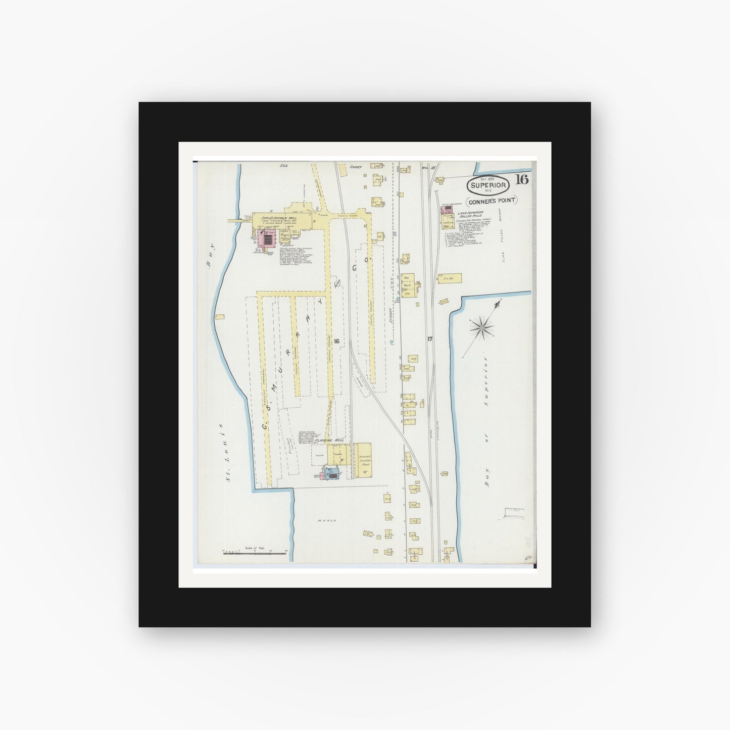 Old map wall art mockup — black gallery frame with white mat — Sanborn Fire Insurance Map from Superior, Douglas County, Wisconsin (1889), Sheet #0016