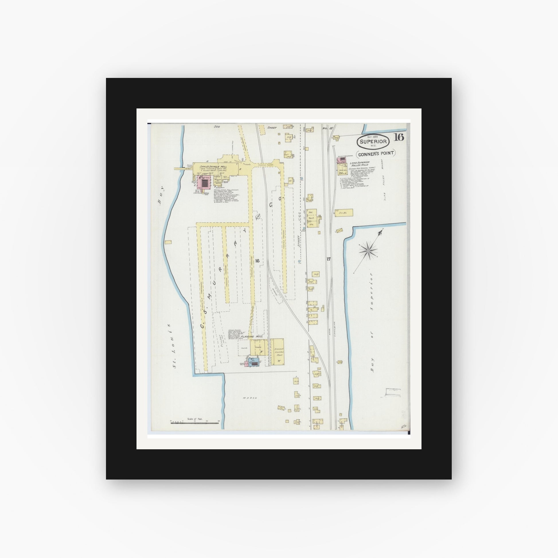 Old map wall art mockup — black gallery frame with white mat — Sanborn Fire Insurance Map from Superior, Douglas County, Wisconsin (1889), Sheet #0016