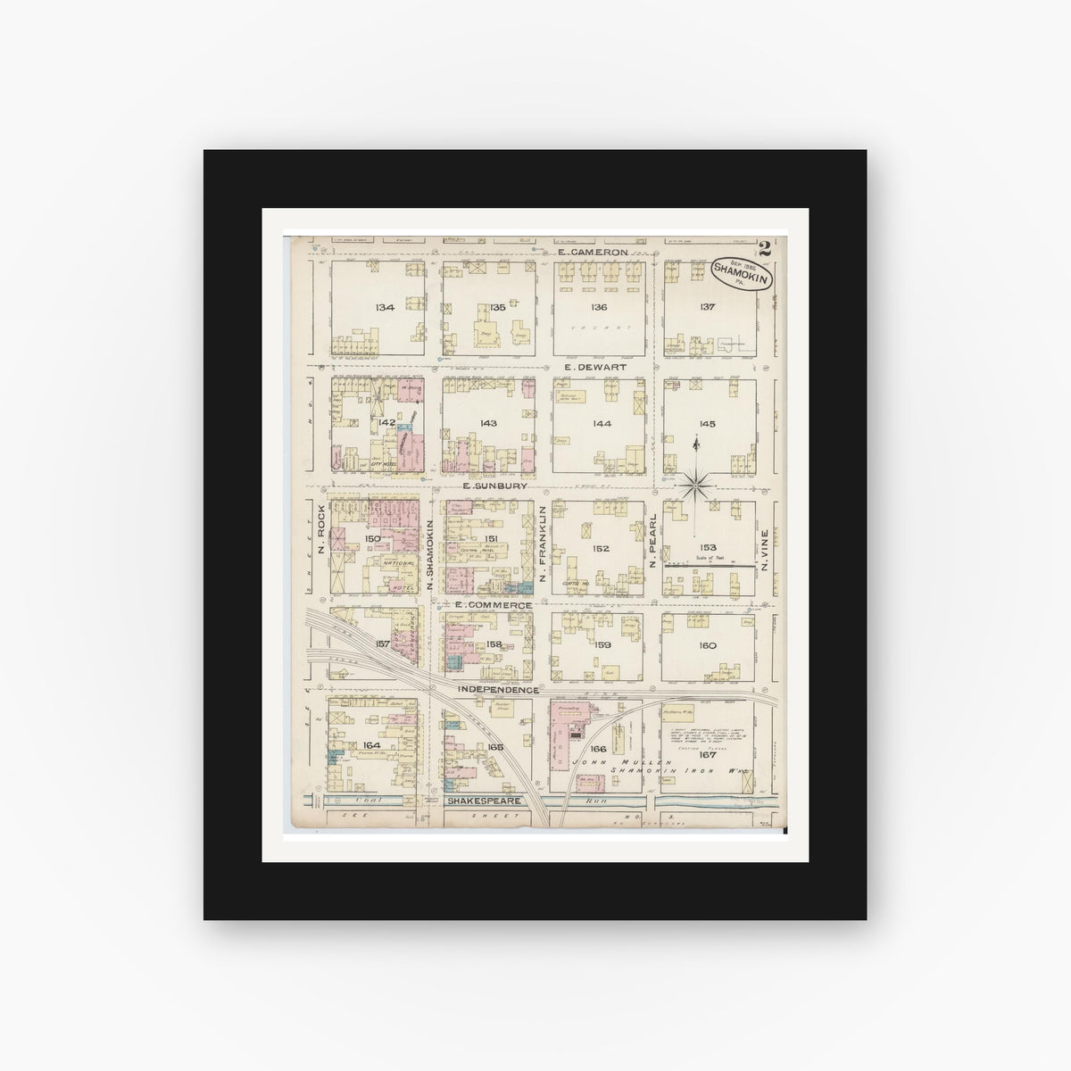 Old map wall art mockup — black gallery frame with white mat — Sanborn Fire Insurance Map from Shamokin, Northumberland County, Pennsylvania (1885), Sheet #0002