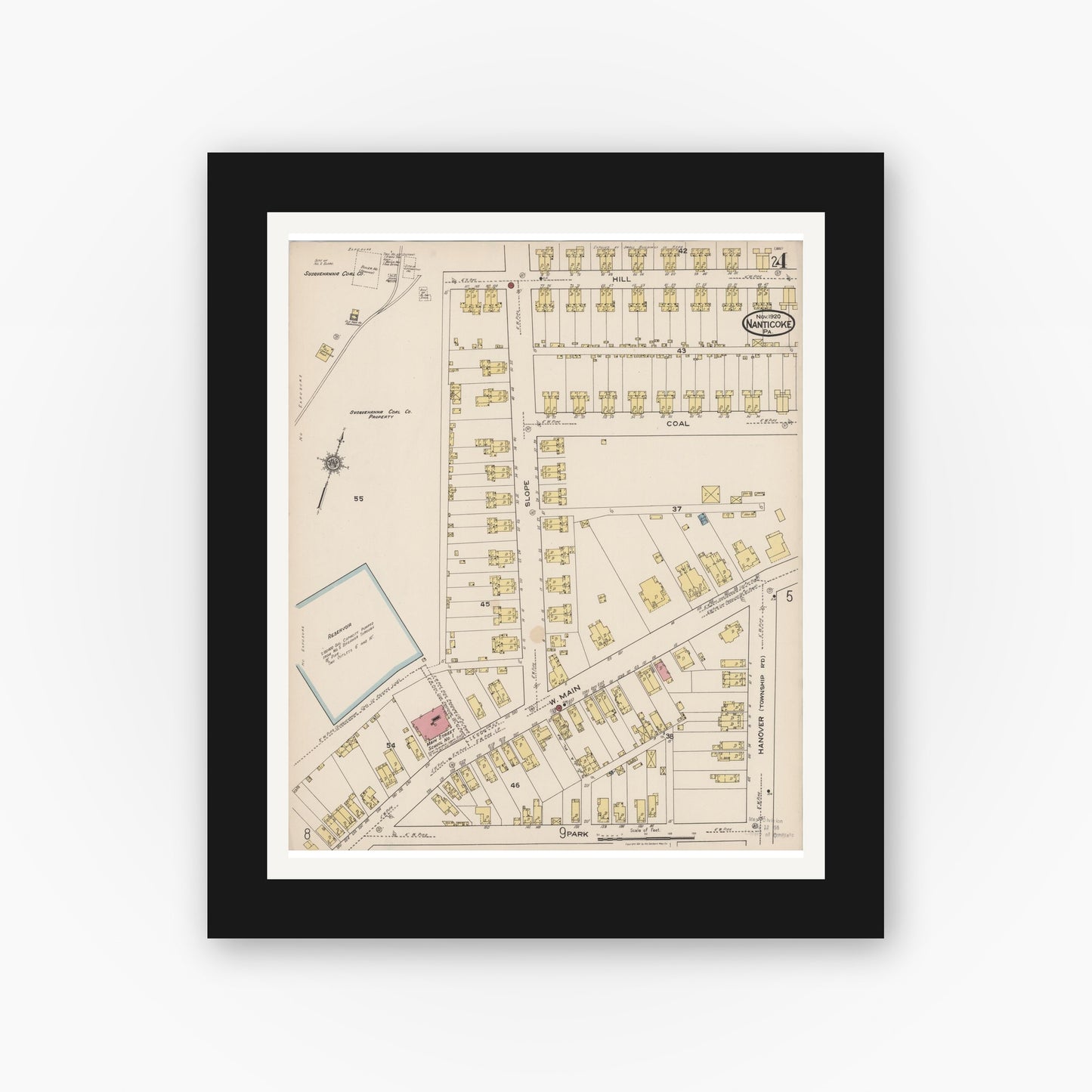 Old map wall art mockup — black gallery frame with white mat — Sanborn Fire Insurance Map from Nanticoke, Luzerne County, Pennsylvania (1920), Sheet #0004