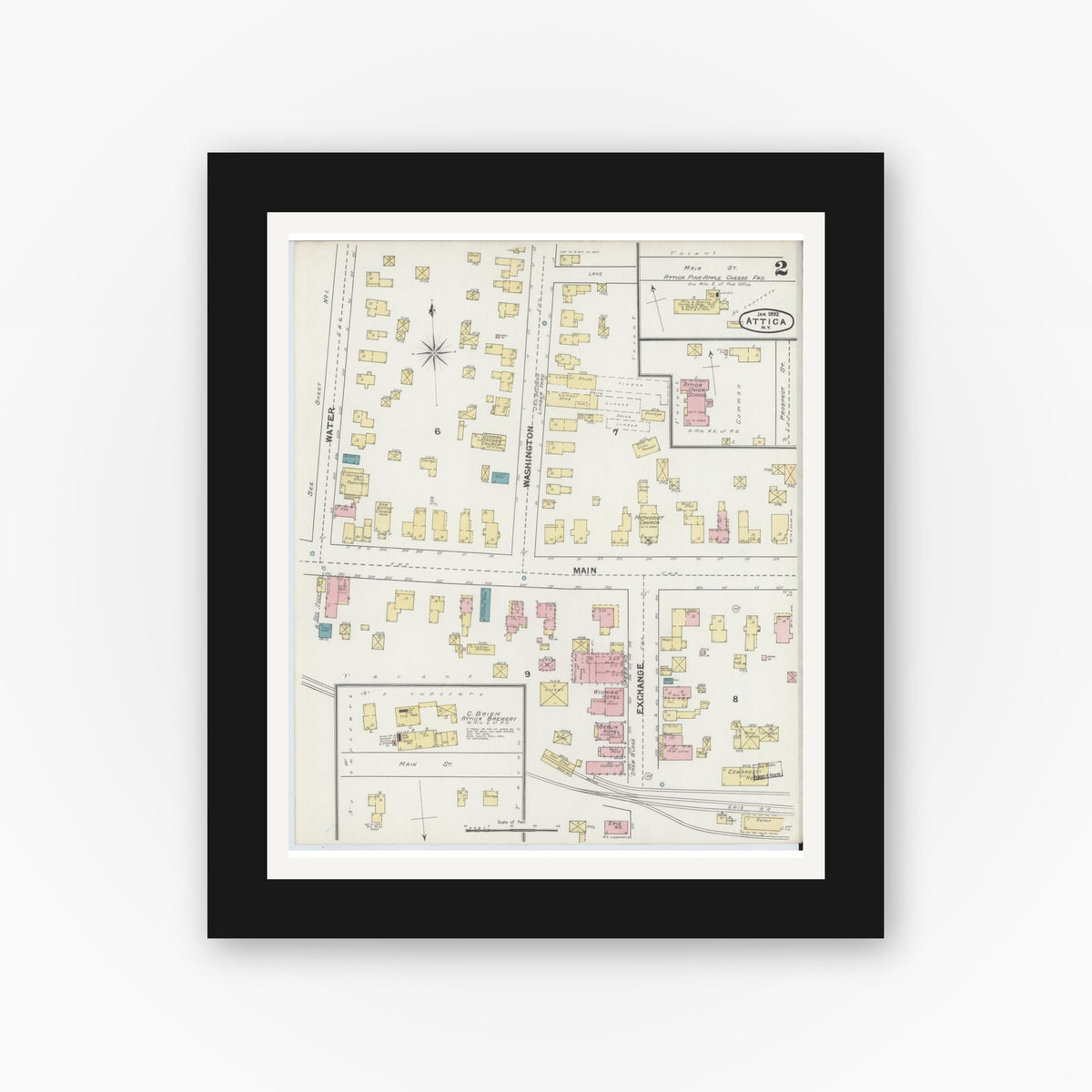 Old map wall art mockup — black gallery frame with white mat — Sanborn Fire Insurance Map from Attica, Wyoming County, New York (1892), Sheet #0002