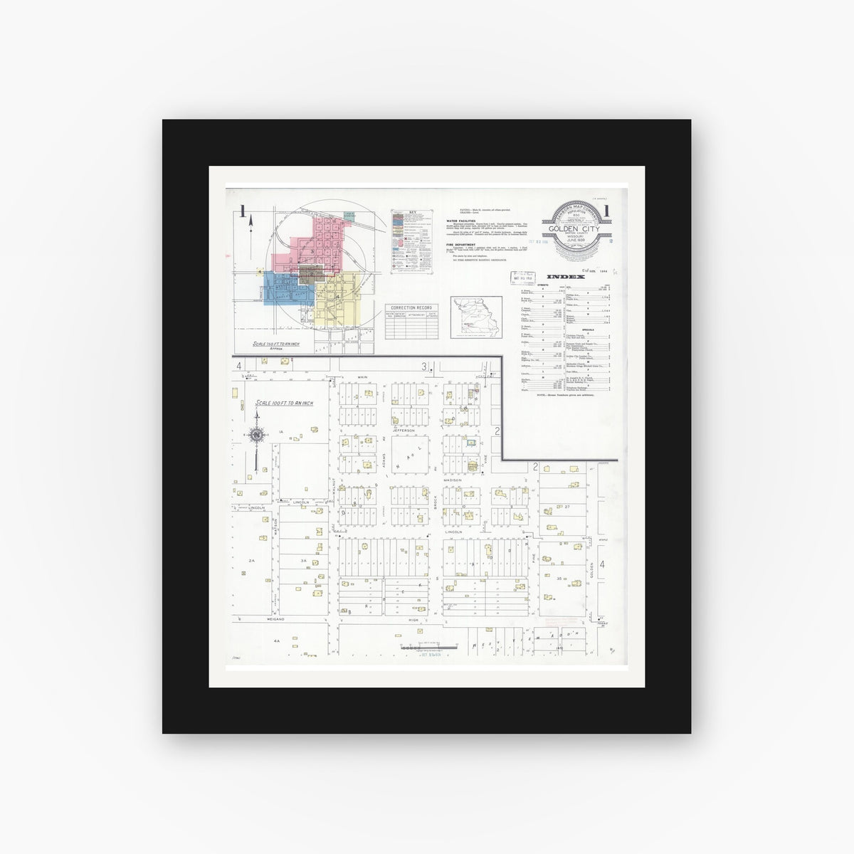 Old map wall art mockup — black gallery frame with white mat — Sanborn Fire Insurance Map from Golden City, Barton County, Missouri (1939) - Complete Map Set