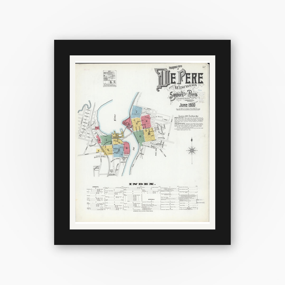 Old map wall art mockup — black gallery frame with white mat — Sanborn Fire Insurance Map from De Pere, Brown County, Wisconsin (1900) - Complete Map Set