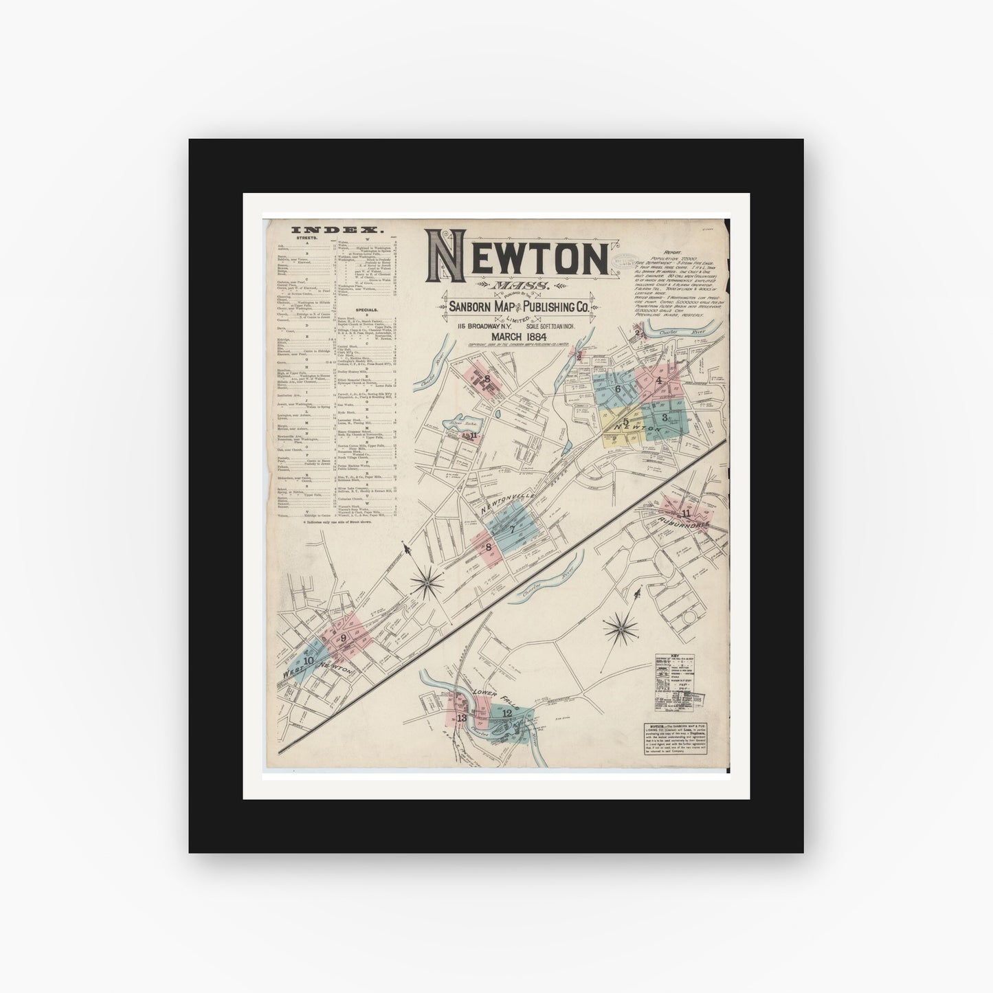 Old map wall art mockup — black gallery frame with white mat — Sanborn Fire Insurance Map from Newton, Middlesex County, Massachusetts (1884), Sheet #0001