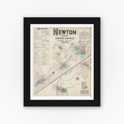 Old map wall art mockup — black gallery frame with white mat — Sanborn Fire Insurance Map from Newton, Middlesex County, Massachusetts (1884), Sheet #0001