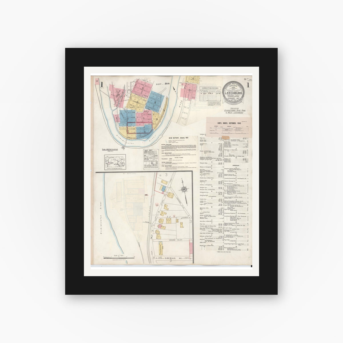 Old map wall art mockup — black gallery frame with white mat — Sanborn Fire Insurance Map from Leechburg, Armstrong County, Pennsylvania (1943) - Complete Map Set