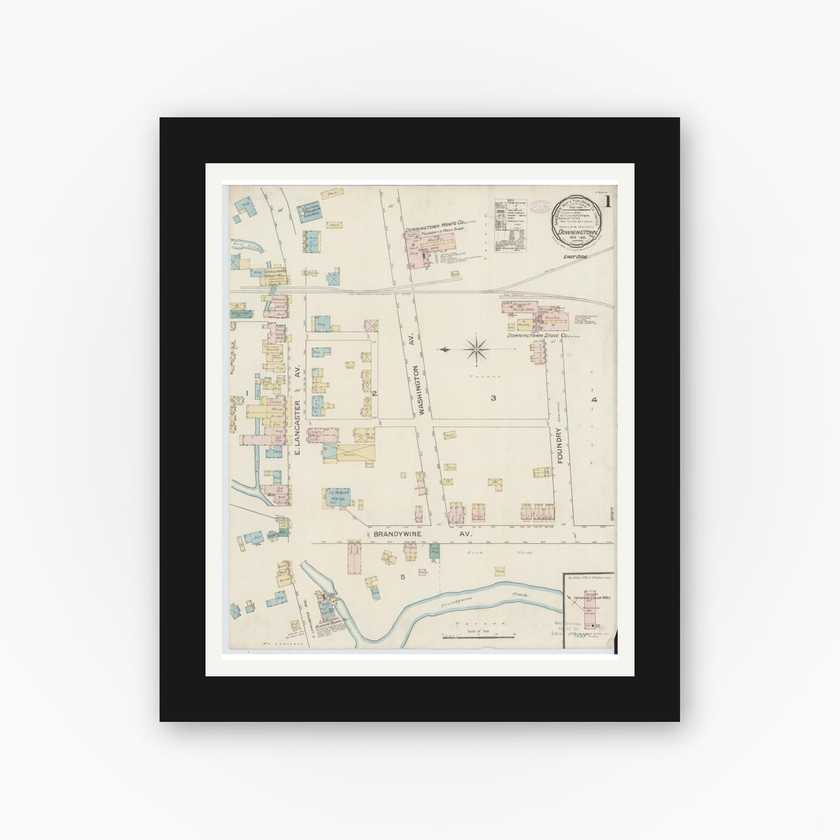 Old map wall art mockup — black gallery frame with white mat — Sanborn Fire Insurance Map from Downingtown, Chester County, Pennsylvania (1886), Sheet #0001