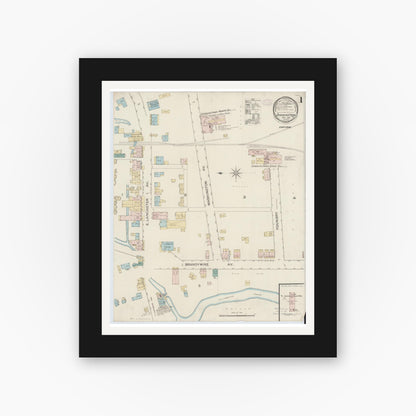 Old map wall art mockup — black gallery frame with white mat — Sanborn Fire Insurance Map from Downingtown, Chester County, Pennsylvania (1886), Sheet #0001