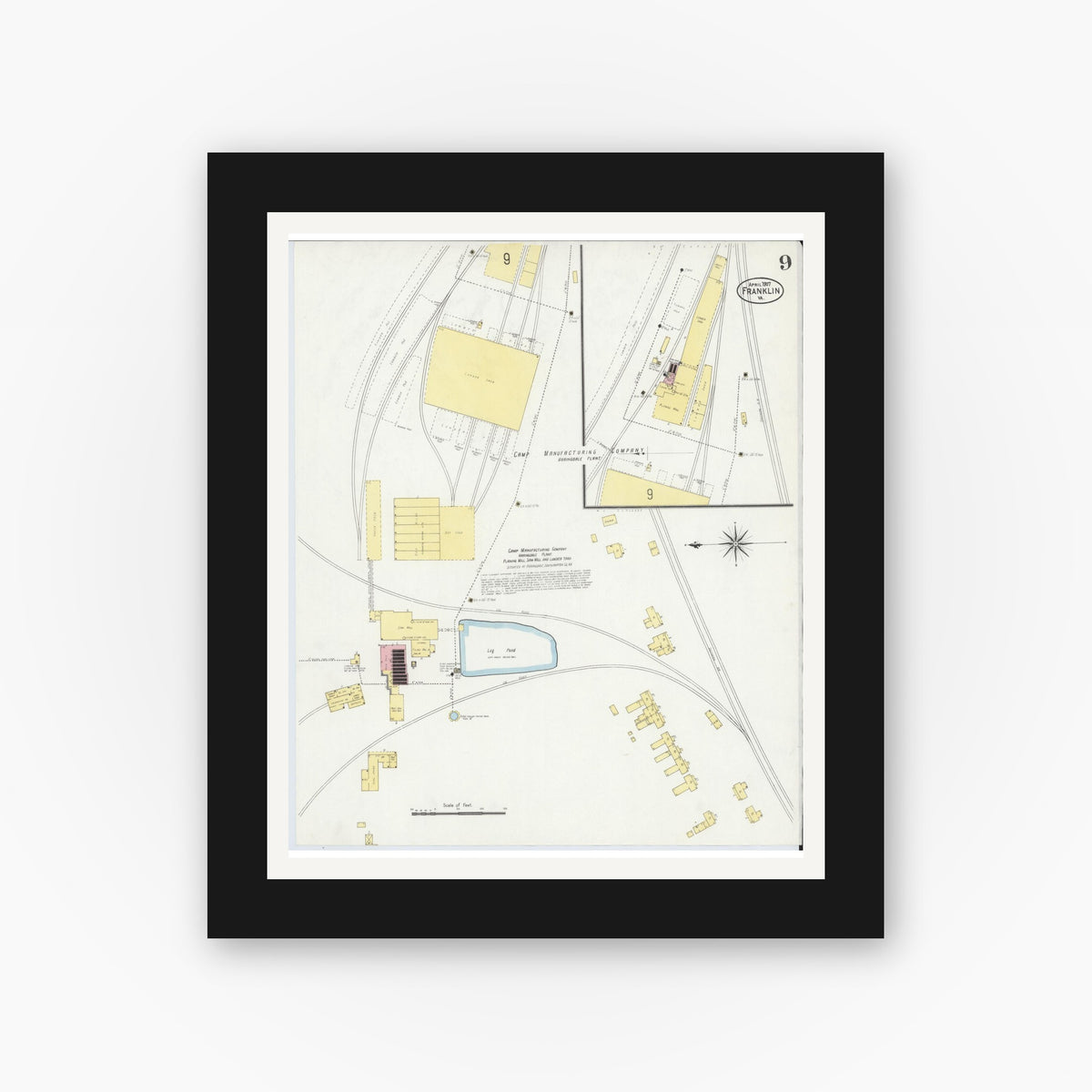 Old map wall art mockup — black gallery frame with white mat — Sanborn Fire Insurance Map from Franklin, Independent Cities, Virginia (1907), Sheet #0009
