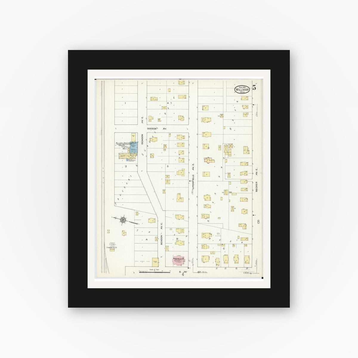 Old map wall art mockup — black gallery frame with white mat — Sanborn Fire Insurance Map from Willmar, Kandiyohi County, Minnesota (1914), Sheet #0005