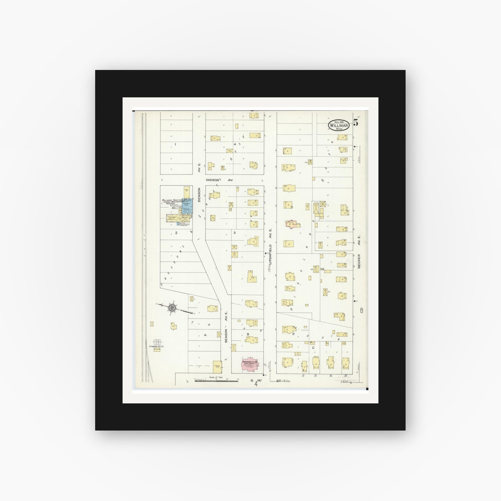 Old map wall art mockup — black gallery frame with white mat — Sanborn Fire Insurance Map from Willmar, Kandiyohi County, Minnesota (1914), Sheet #0005