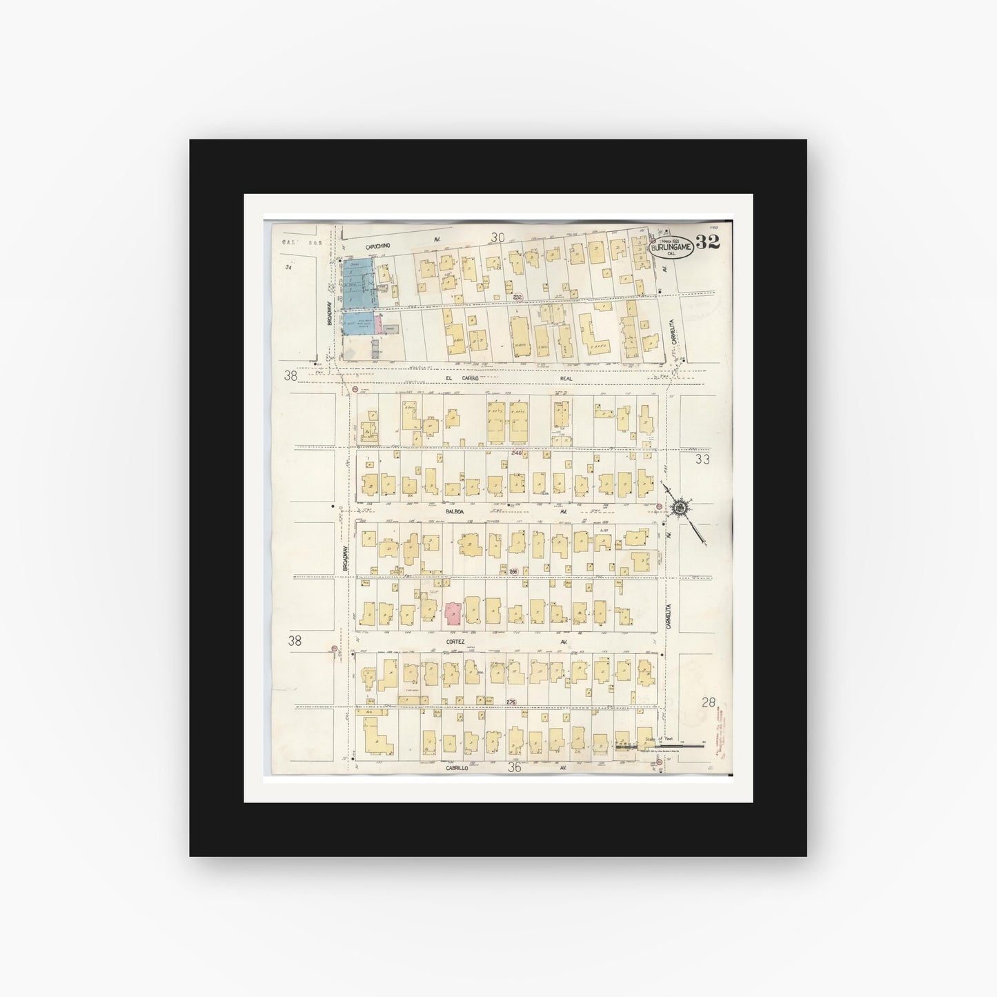 Old map wall art mockup — black gallery frame with white mat — Sanborn Fire Insurance Map from Burlingame, San Mateo County, California (1949), Sheet #0032