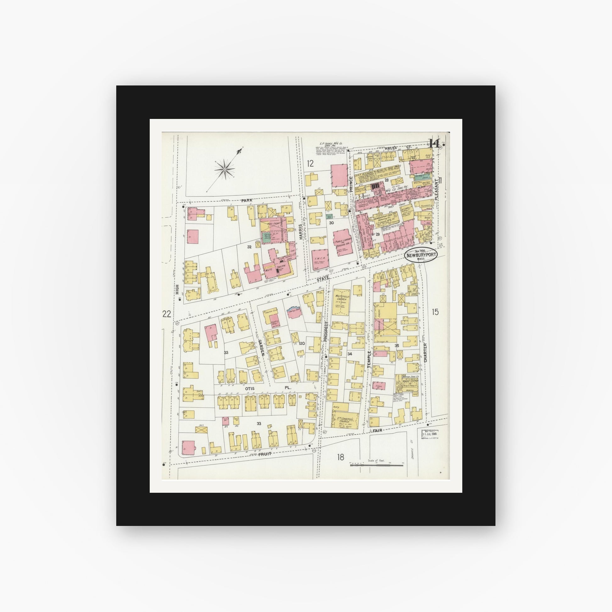 Old map wall art mockup — black gallery frame with white mat — Sanborn Fire Insurance Map from Newburyport, Essex County, Massachusetts (1900), Sheet #0014