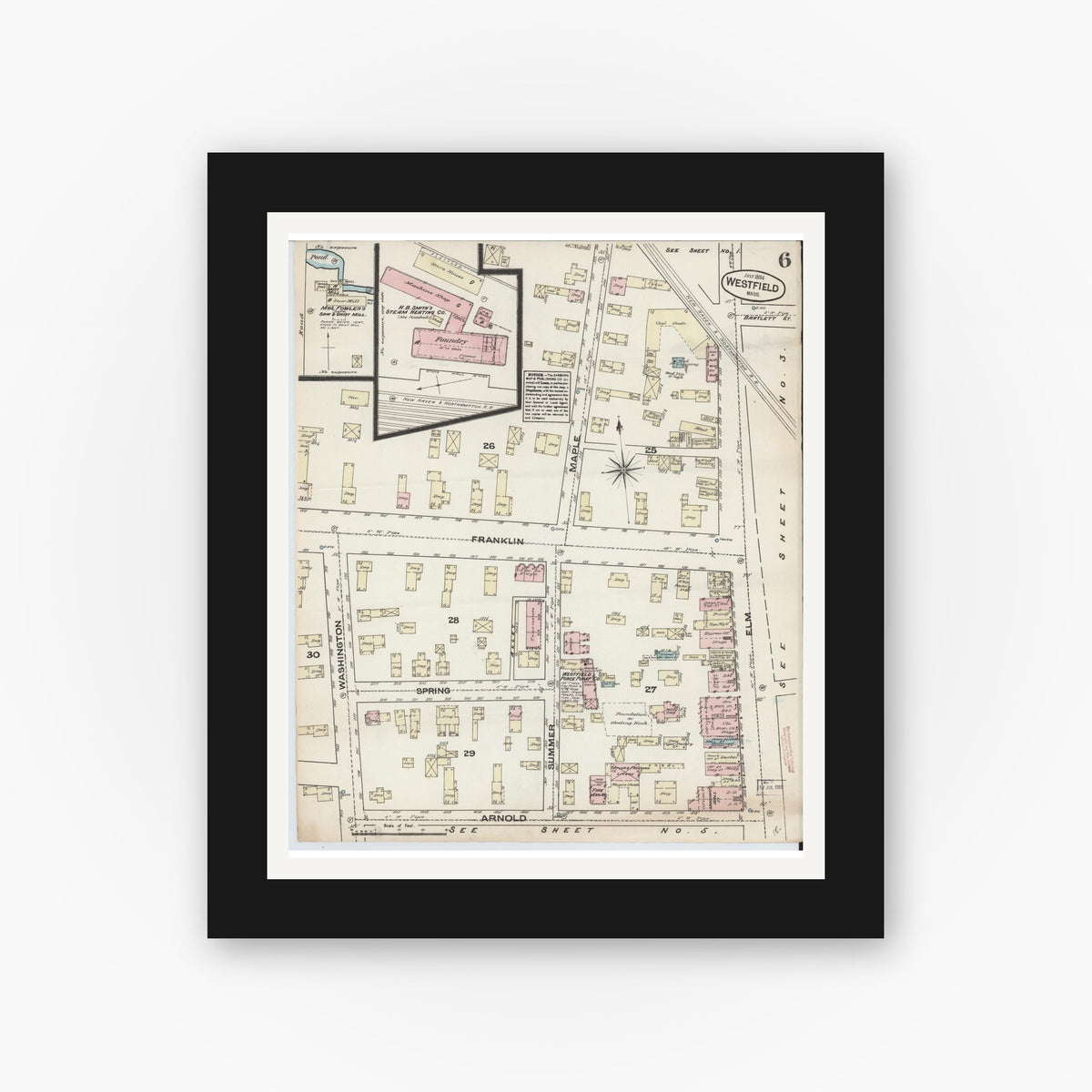Old map wall art mockup — black gallery frame with white mat — Sanborn Fire Insurance Map from Westfield, Hampden County, Massachusetts (1884), Sheet #0006