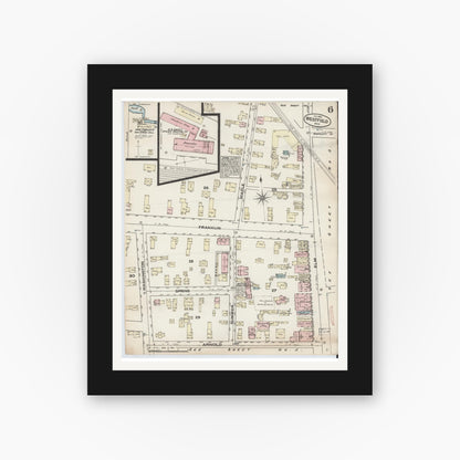 Old map wall art mockup — black gallery frame with white mat — Sanborn Fire Insurance Map from Westfield, Hampden County, Massachusetts (1884), Sheet #0006