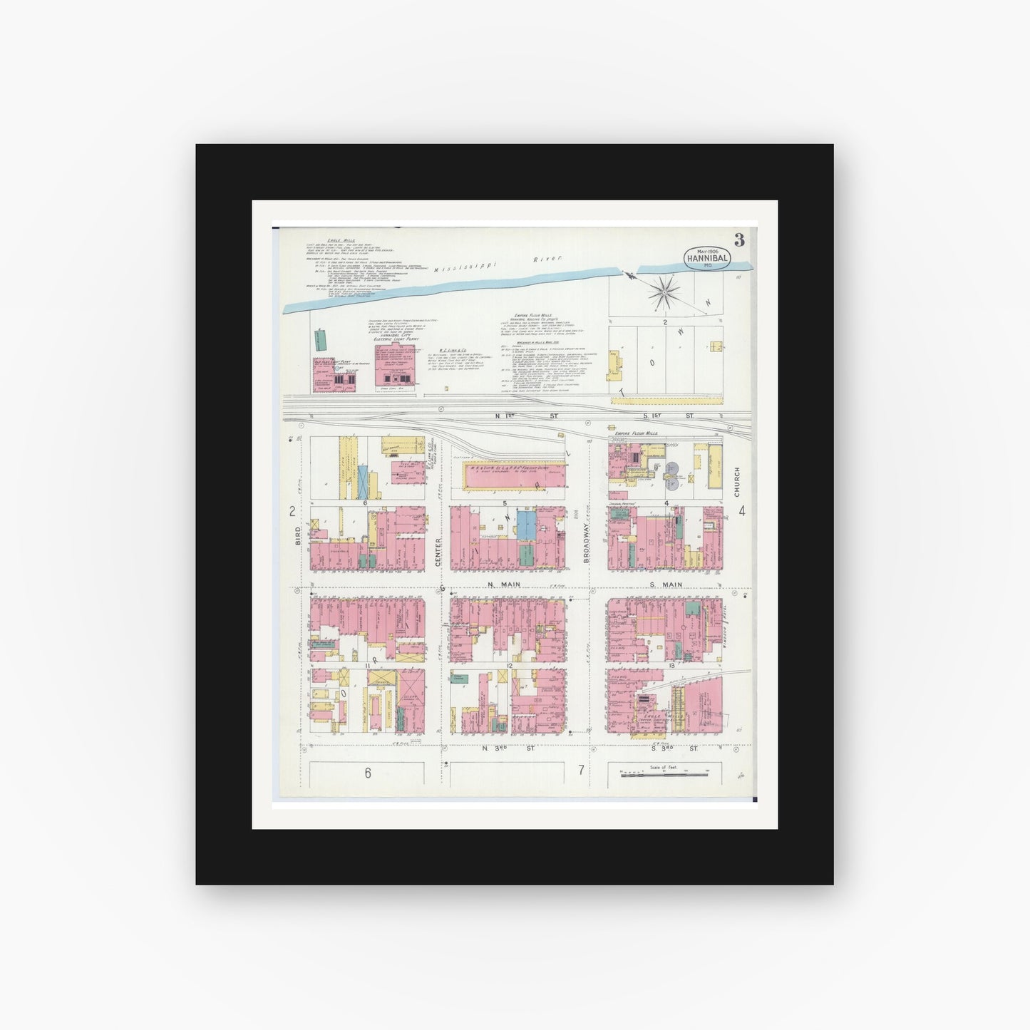 Old map wall art mockup — black gallery frame with white mat — Sanborn Fire Insurance Map from Hannibal, Marion County, Missouri (1906), Sheet #0003