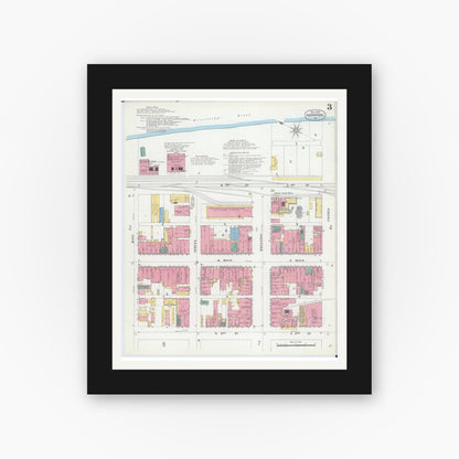 Old map wall art mockup — black gallery frame with white mat — Sanborn Fire Insurance Map from Hannibal, Marion County, Missouri (1906), Sheet #0003