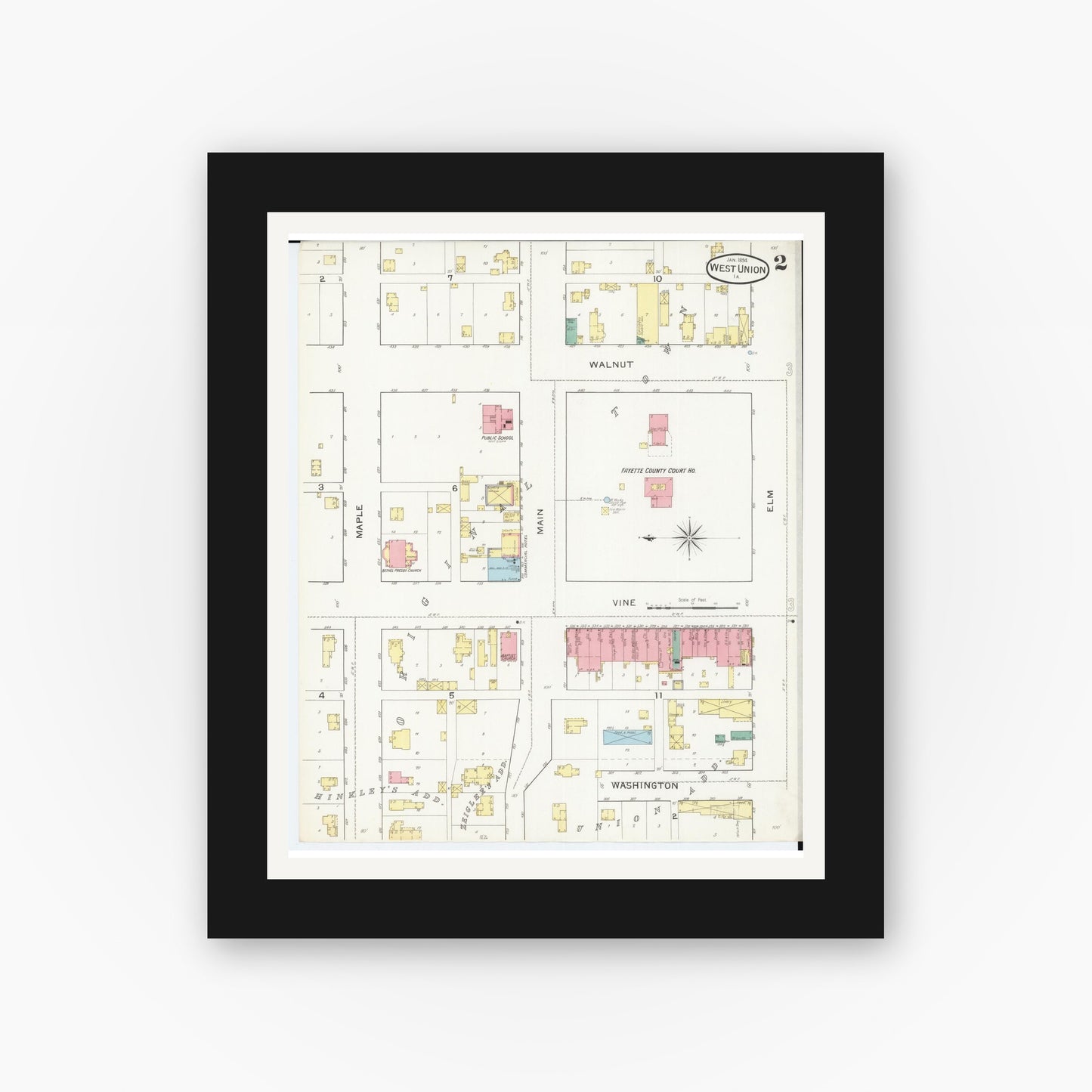 Old map wall art mockup — black gallery frame with white mat — Sanborn Fire Insurance Map from West Union, Fayette County, Iowa (1894), Sheet #0002