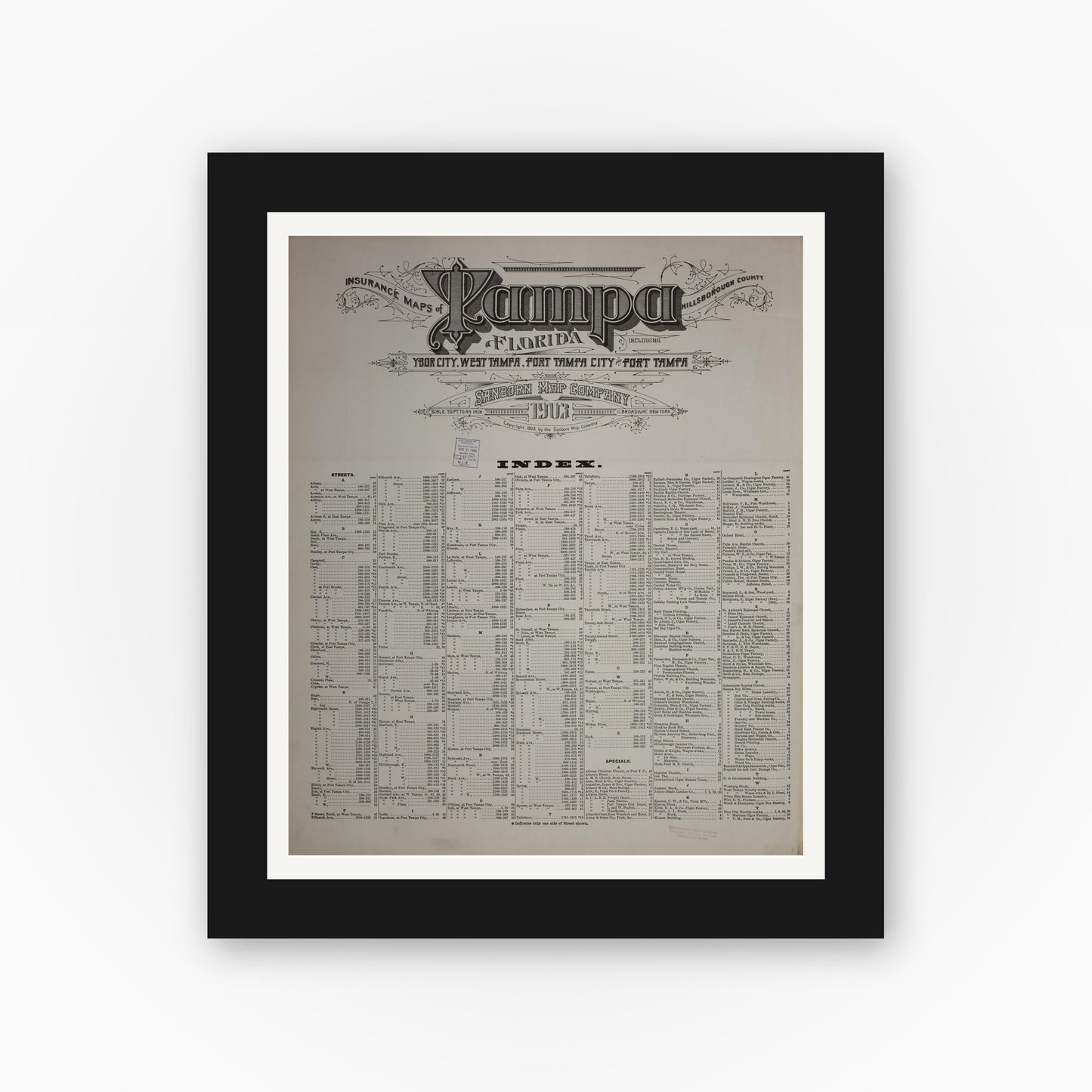 Old map wall art mockup — black gallery frame with white mat — Sanborn Fire Insurance Map from Tampa, Hillsborough County, Florida (1903), Sheet #0001