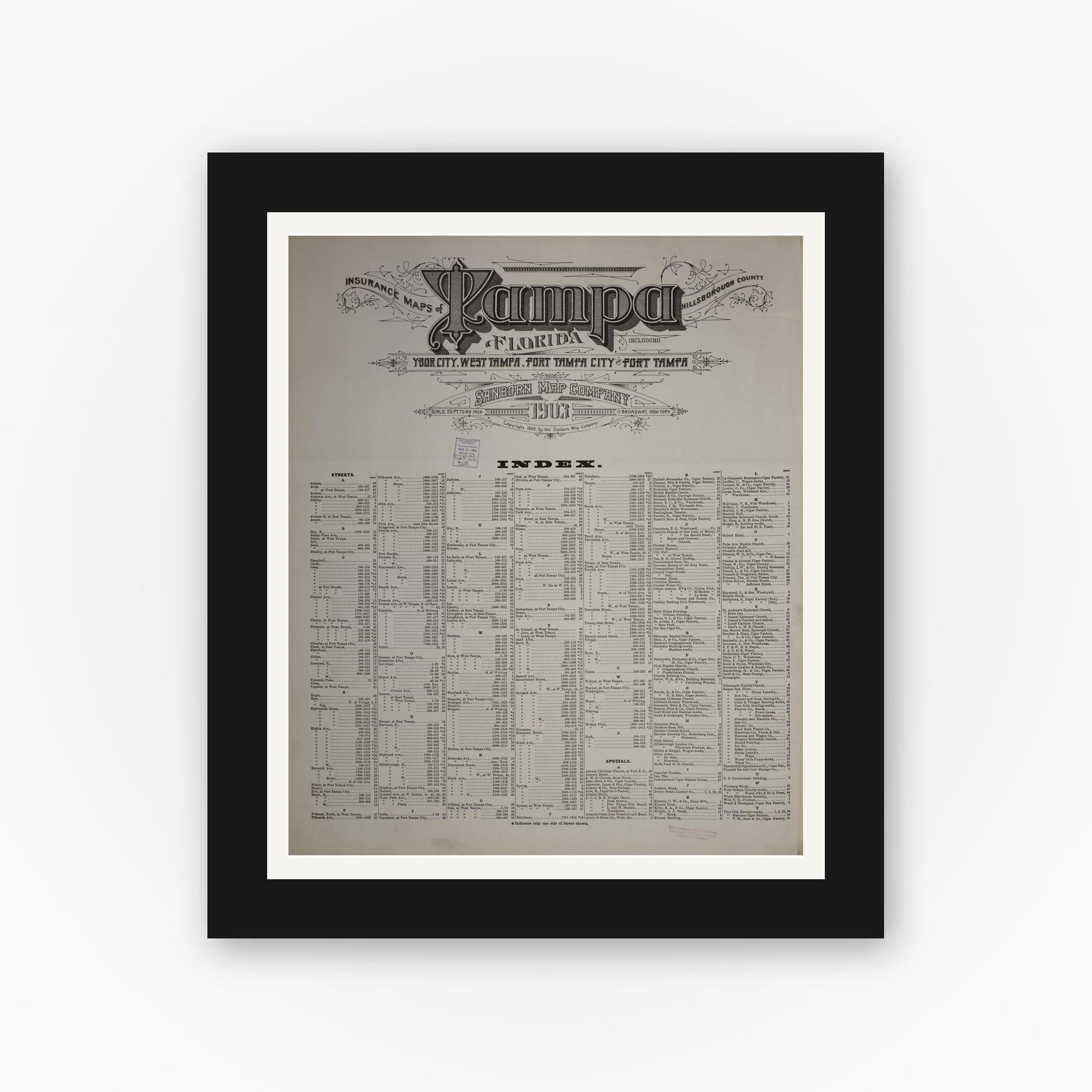 Old map wall art mockup — black gallery frame with white mat — Sanborn Fire Insurance Map from Tampa, Hillsborough County, Florida (1903), Sheet #0001