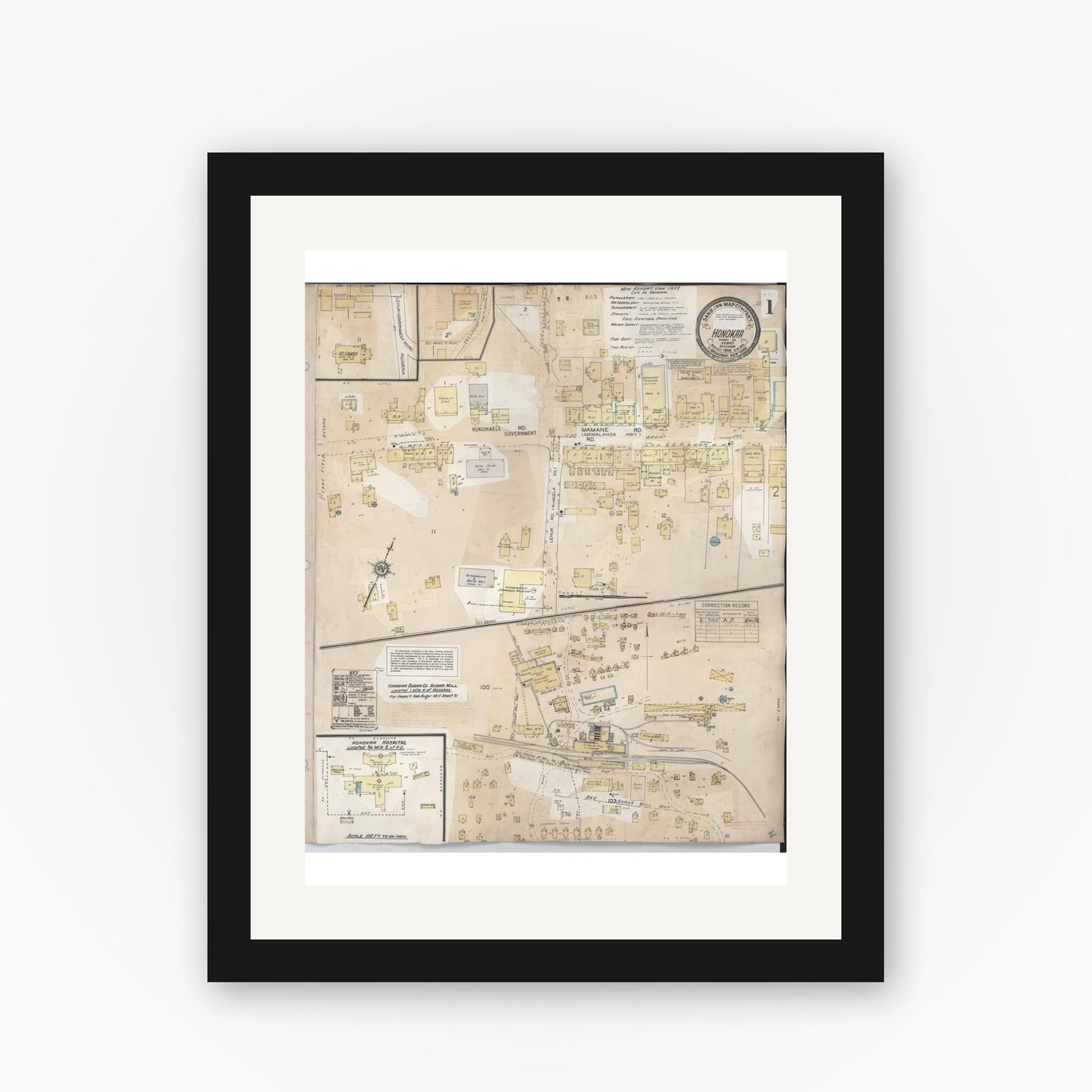 Old map wall art mockup — black gallery frame with white mat — Sanborn Fire Insurance Map from Honokaa, Hawaii County, Hawaii (1956), Sheet #0001