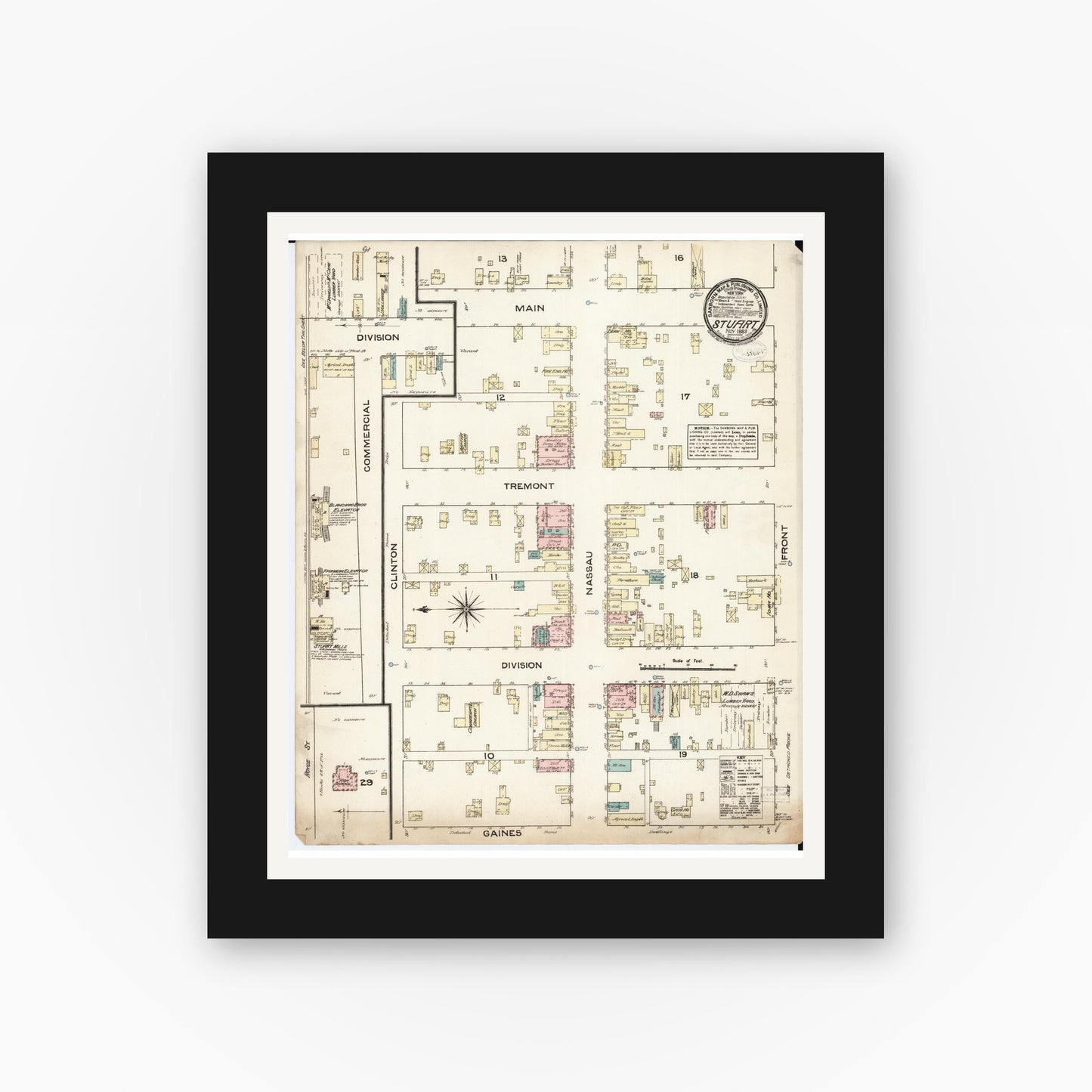 Old map wall art mockup — black gallery frame with white mat — Sanborn Fire Insurance Map from Stuart, Guthrie and Adair Counties, Iowa (1883), Sheet #0001