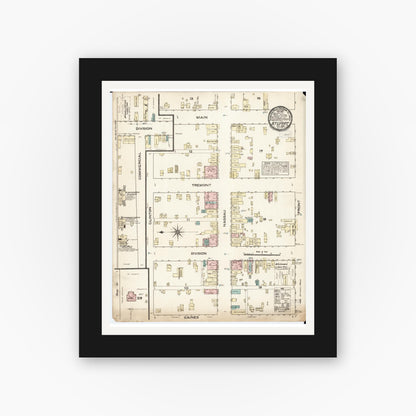Old map wall art mockup — black gallery frame with white mat — Sanborn Fire Insurance Map from Stuart, Guthrie and Adair Counties, Iowa (1883), Sheet #0001