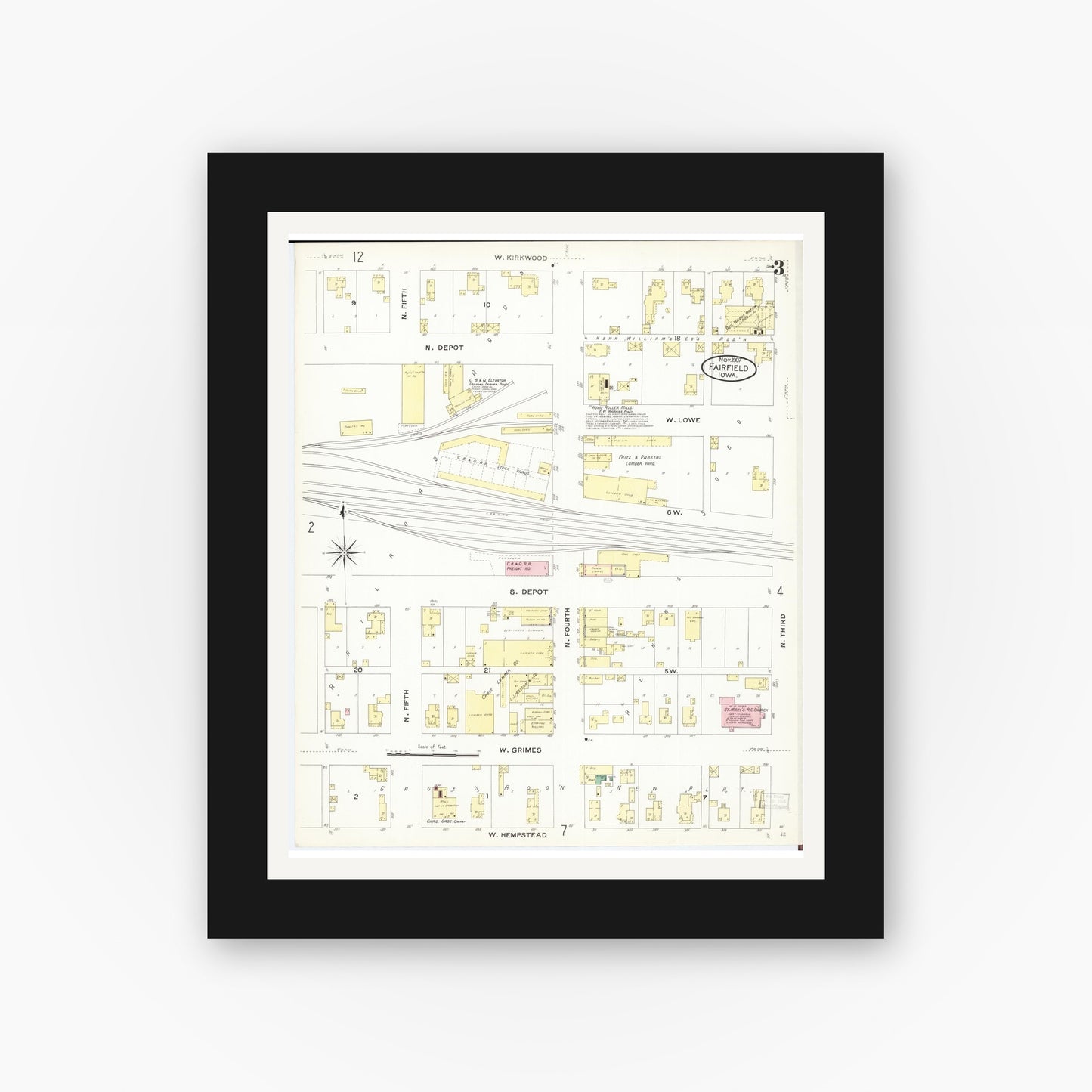 Old map wall art mockup — black gallery frame with white mat — Sanborn Fire Insurance Map from Fairfield, Jefferson County, Iowa (1907), Sheet #0003