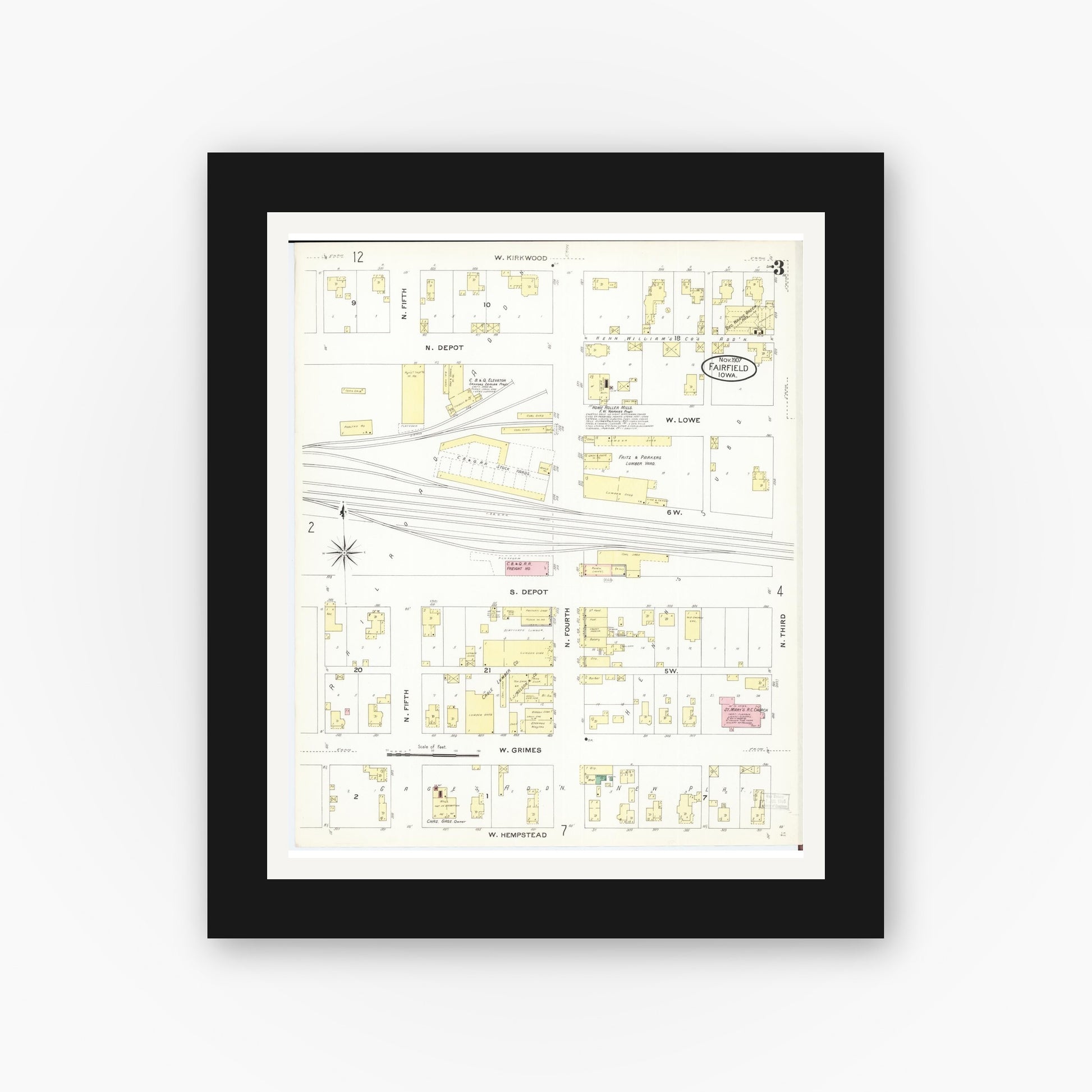 Old map wall art mockup — black gallery frame with white mat — Sanborn Fire Insurance Map from Fairfield, Jefferson County, Iowa (1907), Sheet #0003