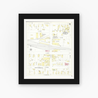 Old map wall art mockup — black gallery frame with white mat — Sanborn Fire Insurance Map from Fairfield, Jefferson County, Iowa (1907), Sheet #0003